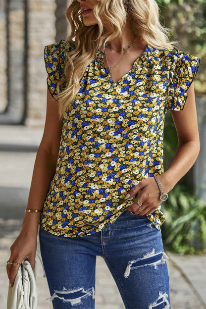 Floral Pleated V Neck Flutter Sleeve Pullover Top