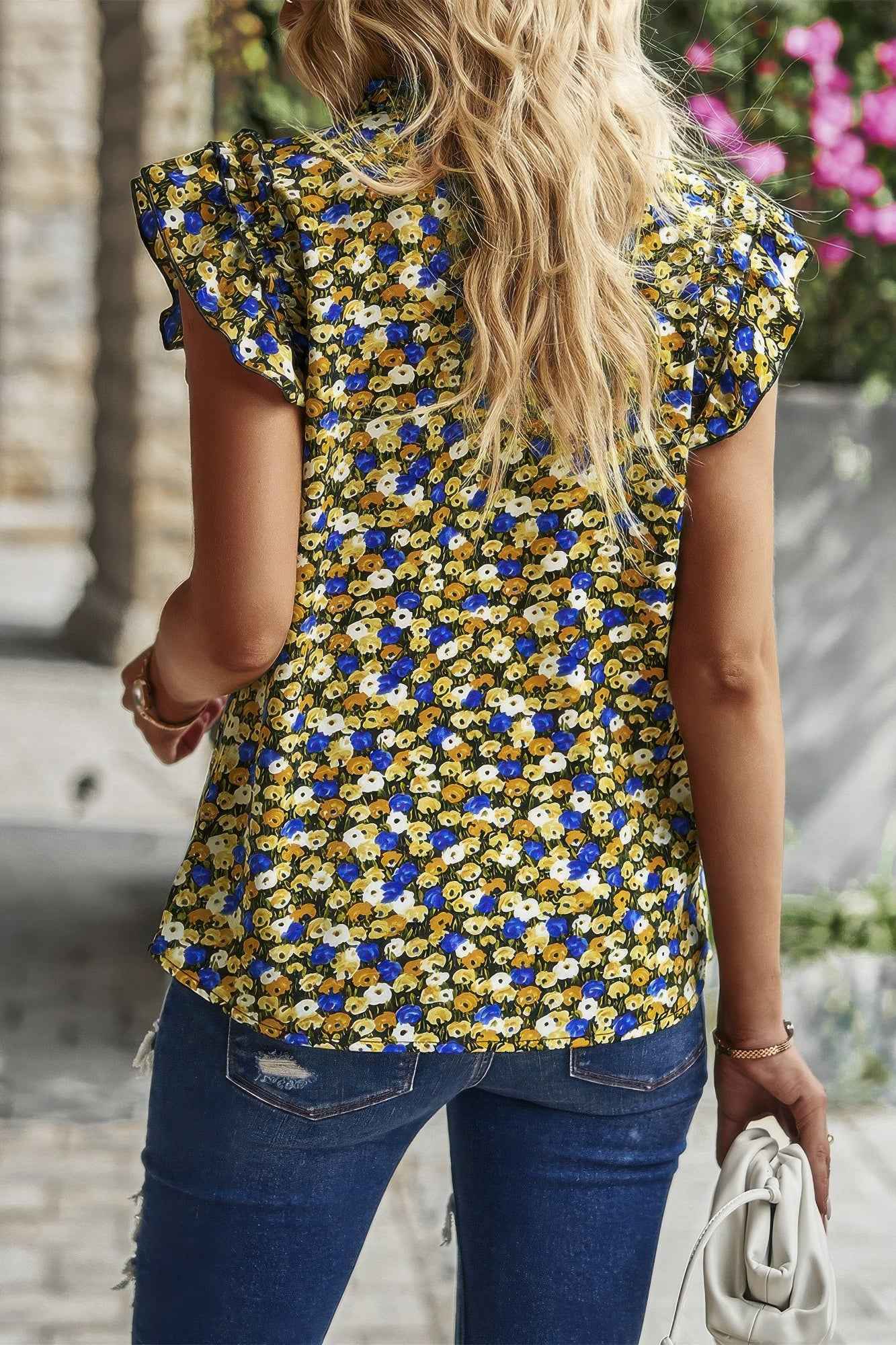 Floral Pleated V Neck Flutter Sleeve Pullover Top