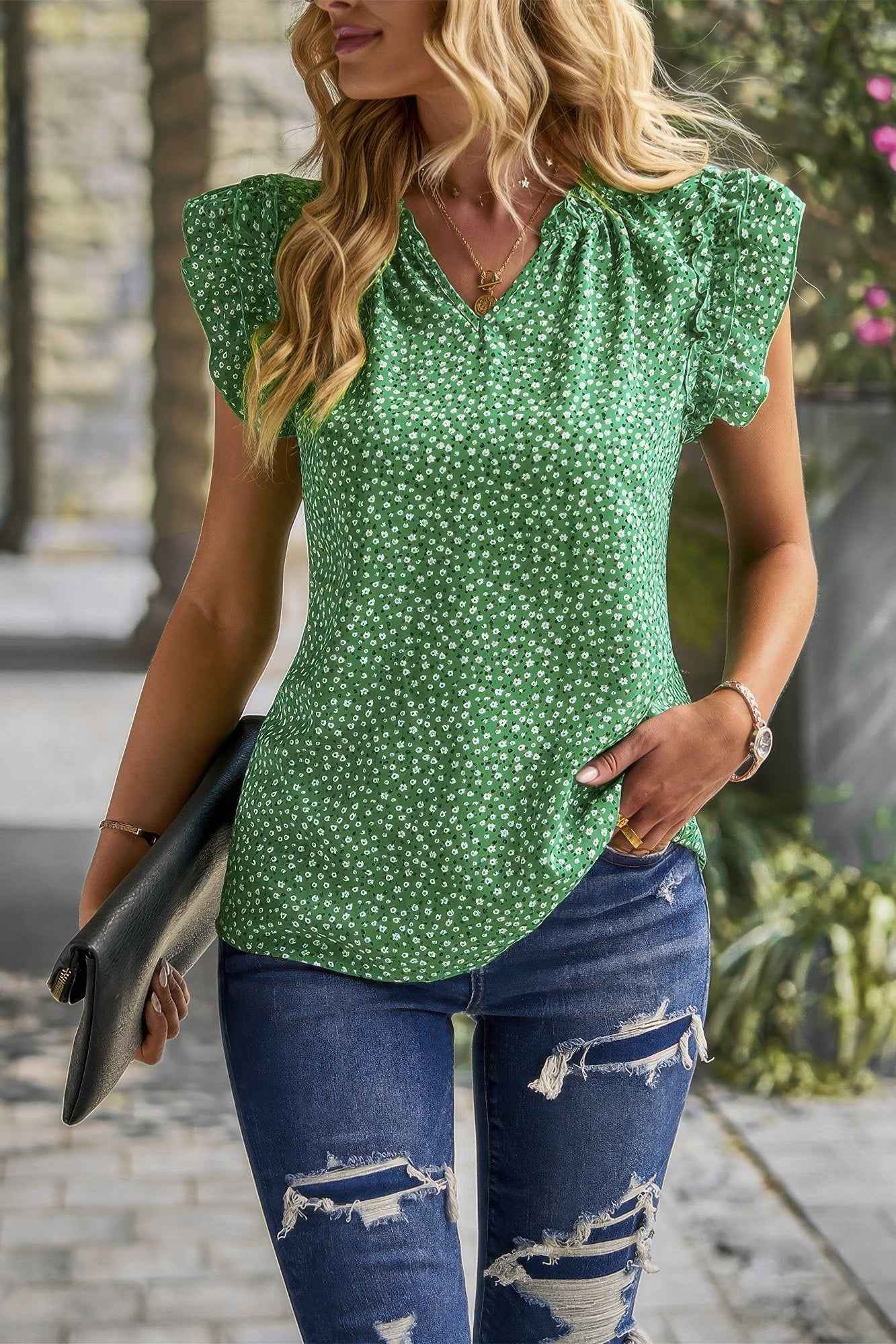 Floral Pleated V Neck Flutter Sleeve Pullover Top