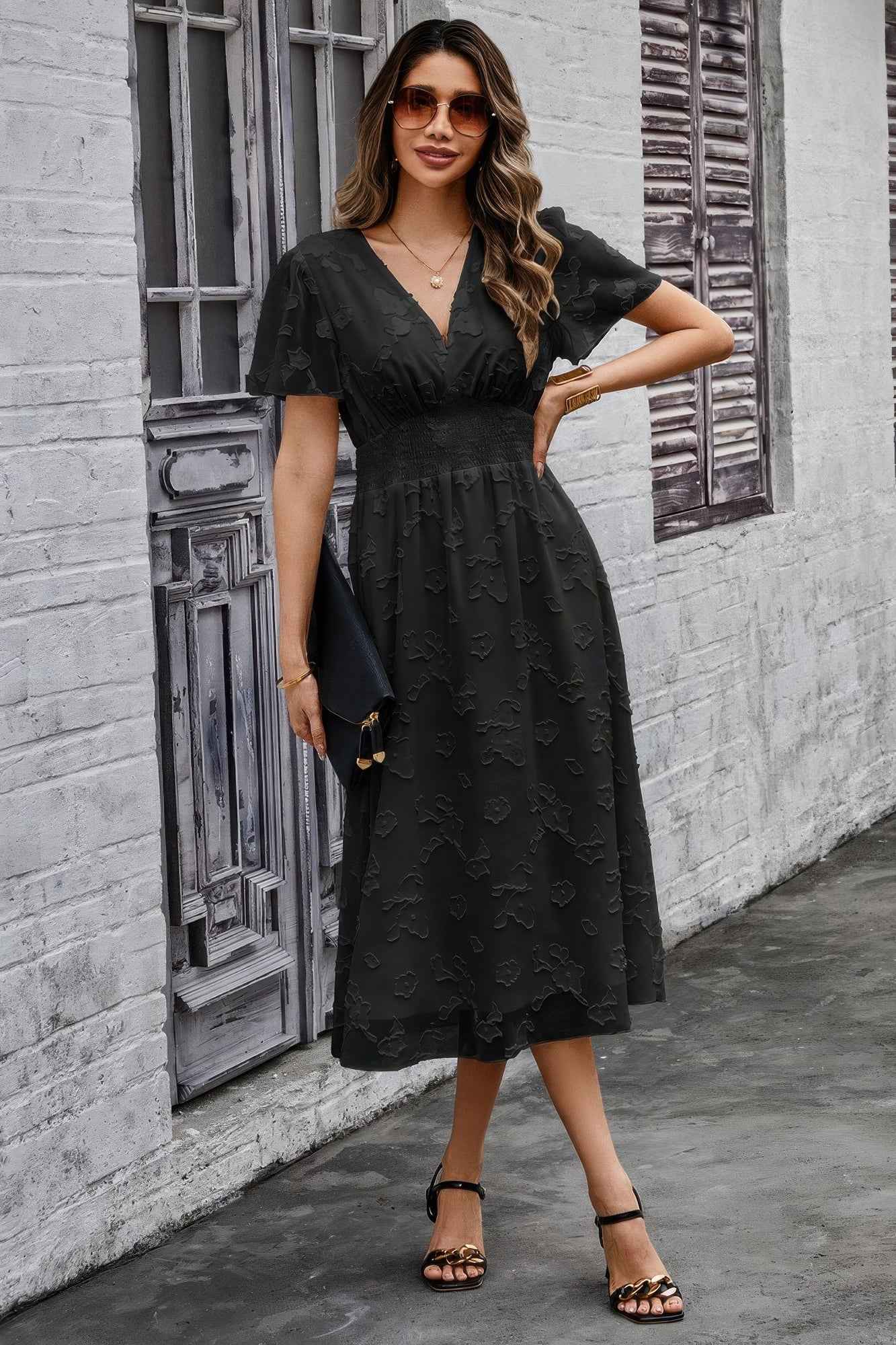 Deep V Ruched Elastic Belt Smocked Midi Dress