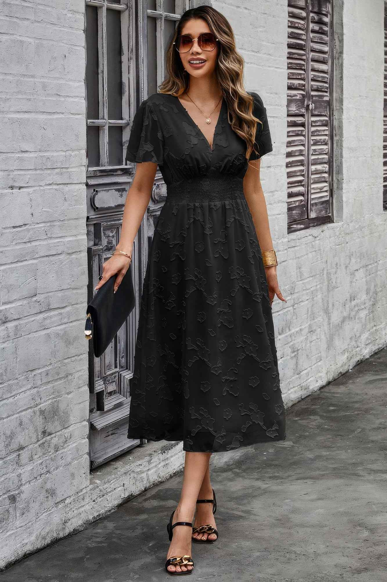 Deep V Ruched Elastic Belt Smocked Midi Dress