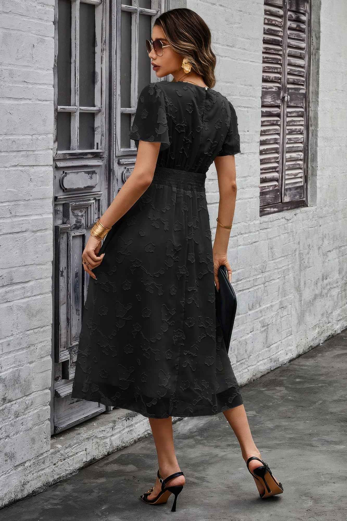 Deep V Ruched Elastic Belt Smocked Midi Dress