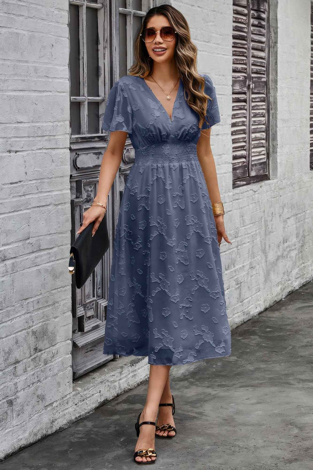 Deep V Ruched Elastic Belt Smocked Midi Dress