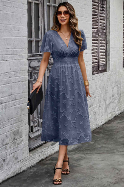 Deep V Ruched Elastic Belt Smocked Midi Dress