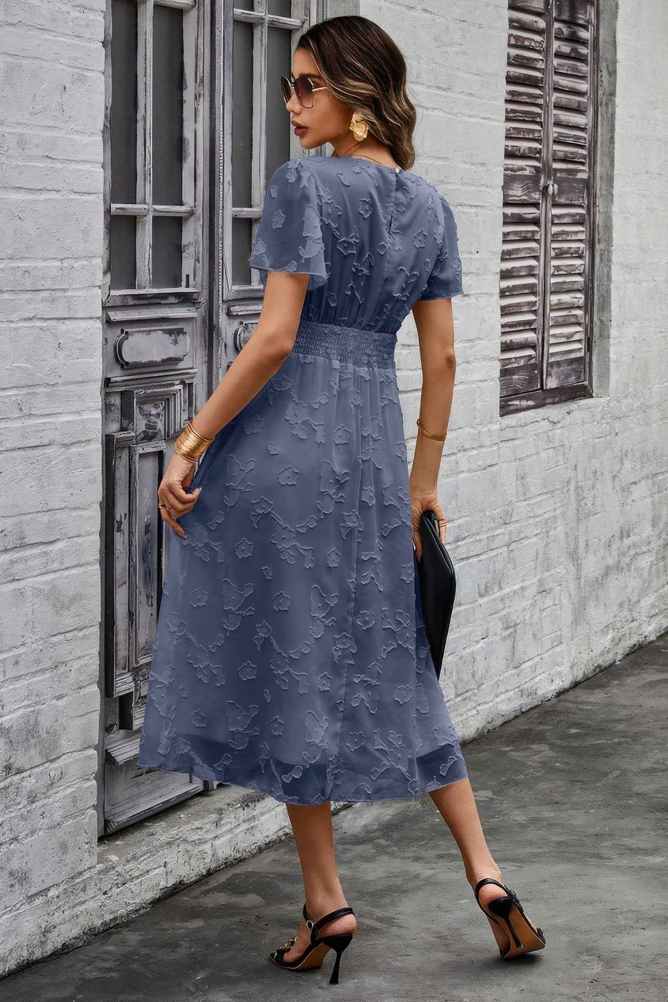 Deep V Ruched Elastic Belt Smocked Midi Dress