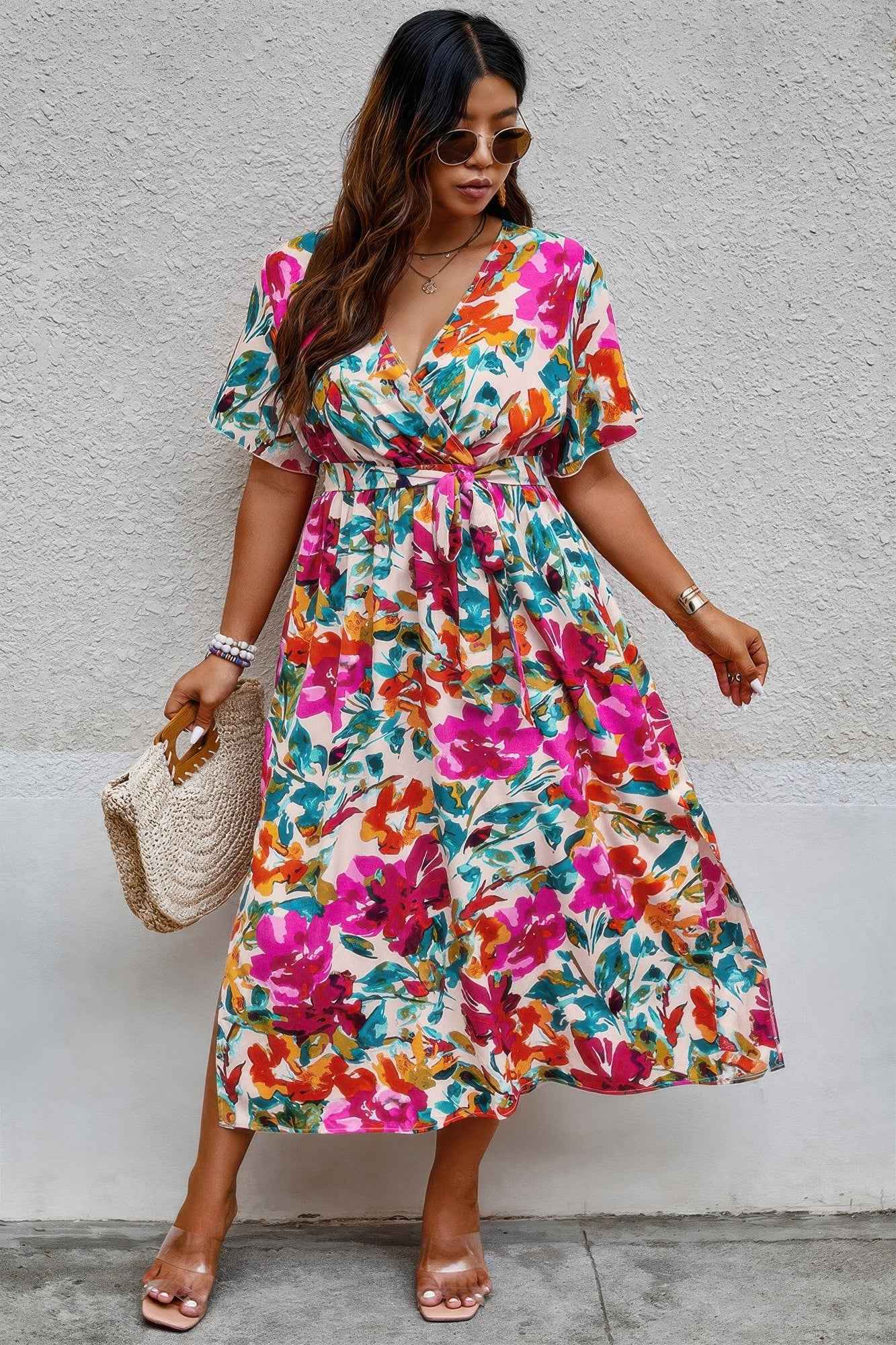 Plus Size Floral Print Cross Belt Fit Dress