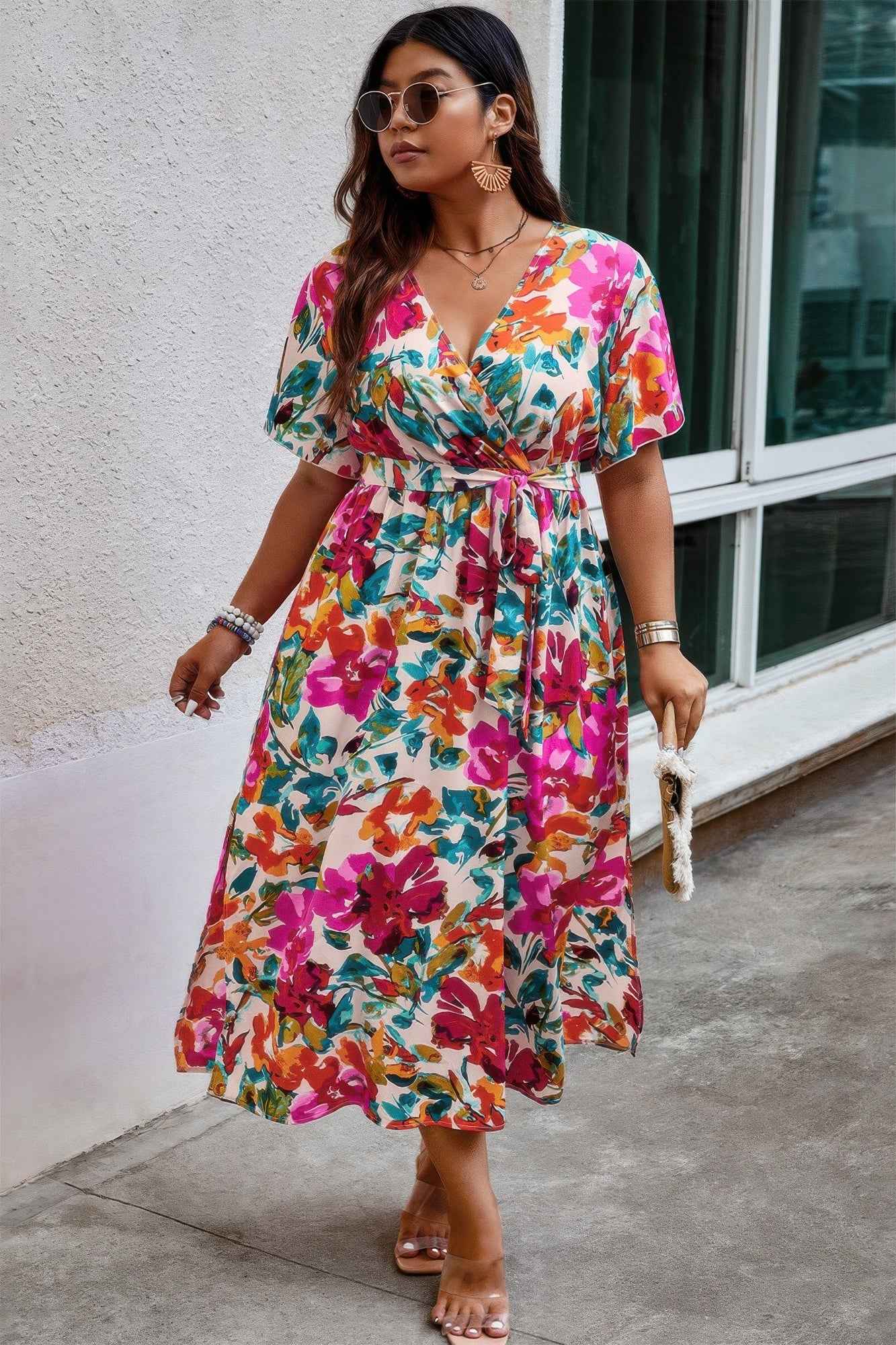 Plus Size Floral Print Cross Belt Fit Dress