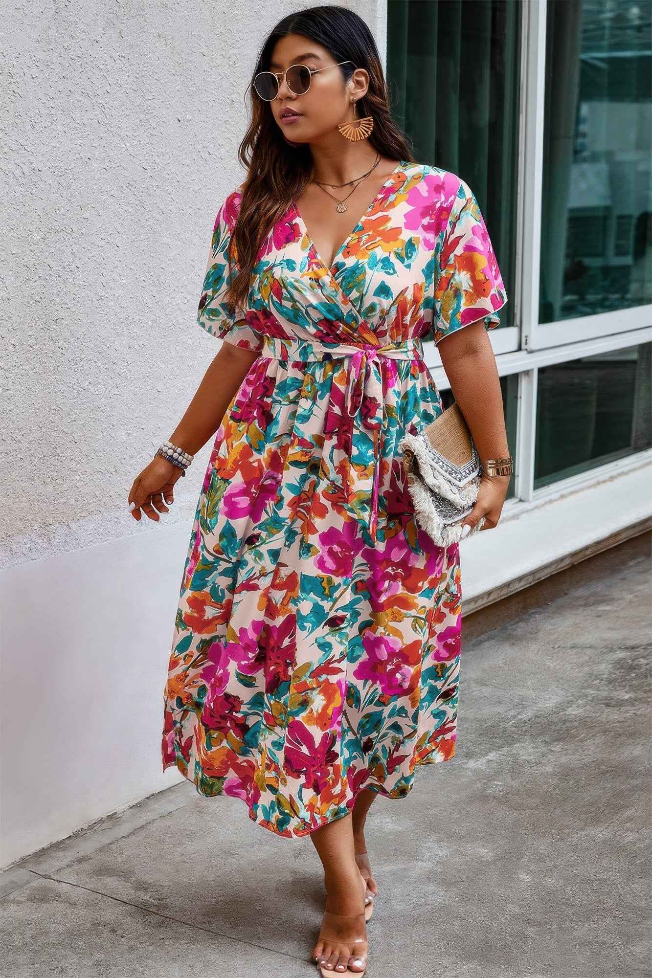 Plus Size Floral Print Cross Belt Fit Dress