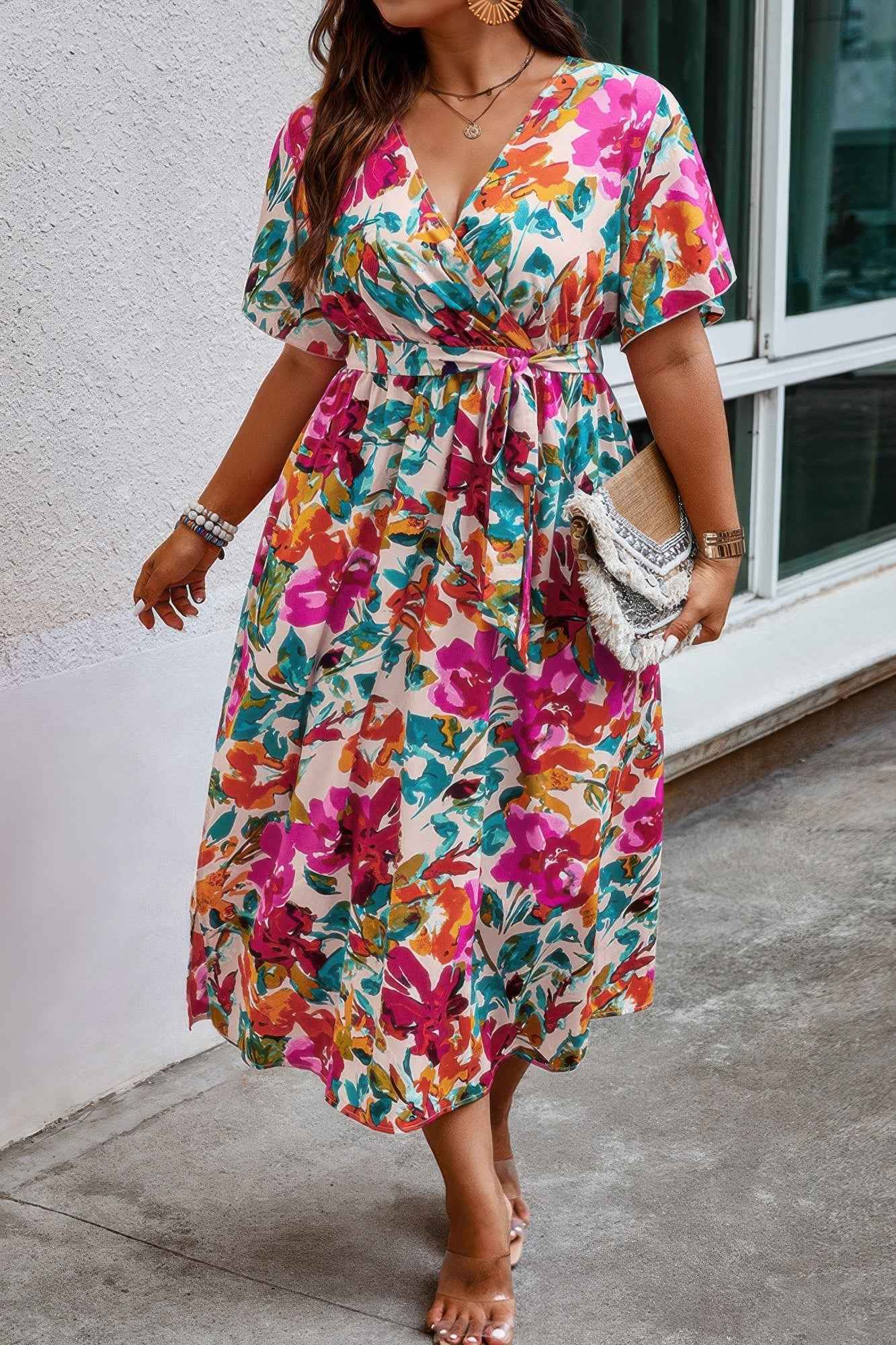 Plus Size Floral Print Cross Belt Fit Dress