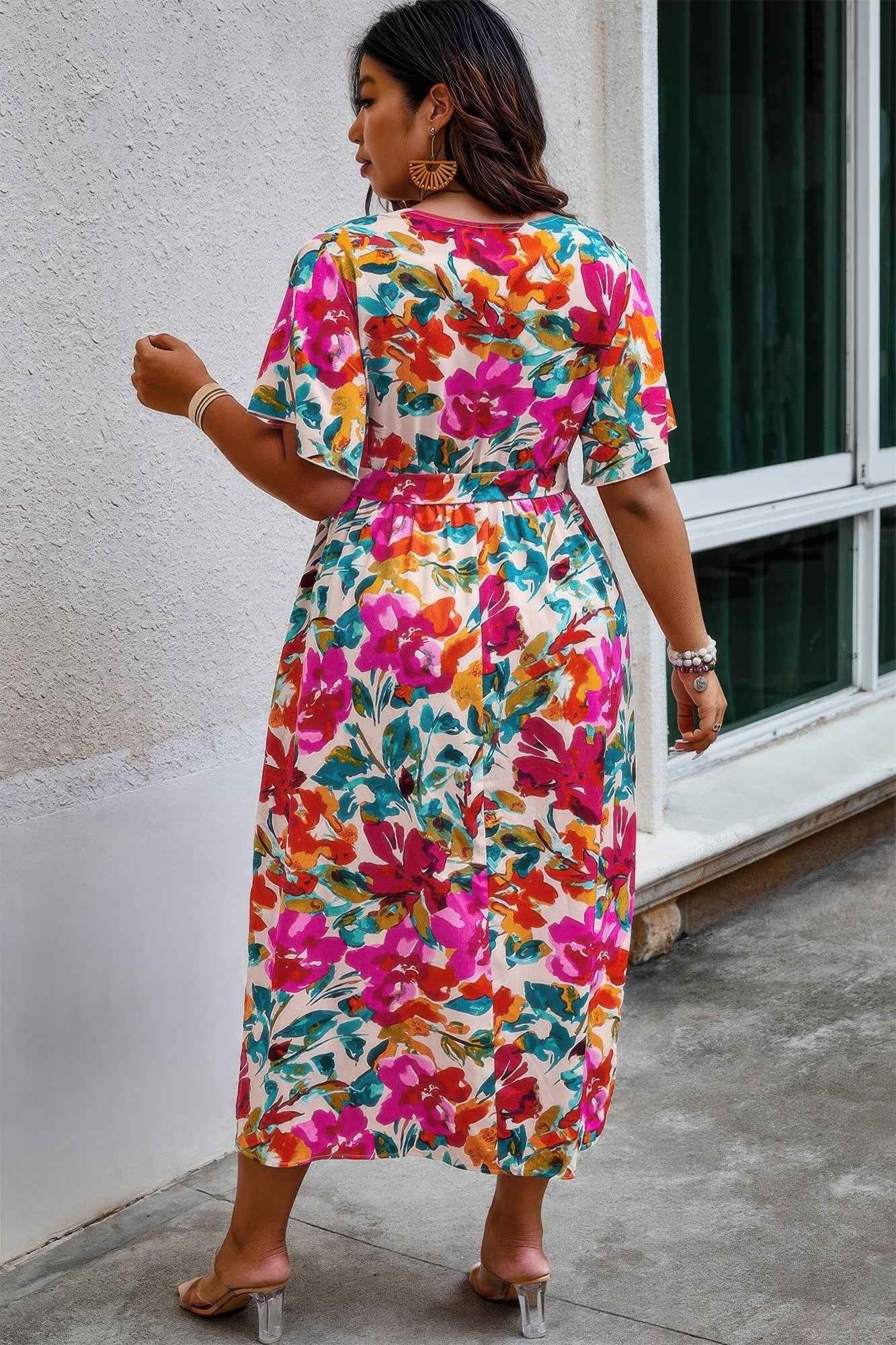 Plus Size Floral Print Cross Belt Fit Dress