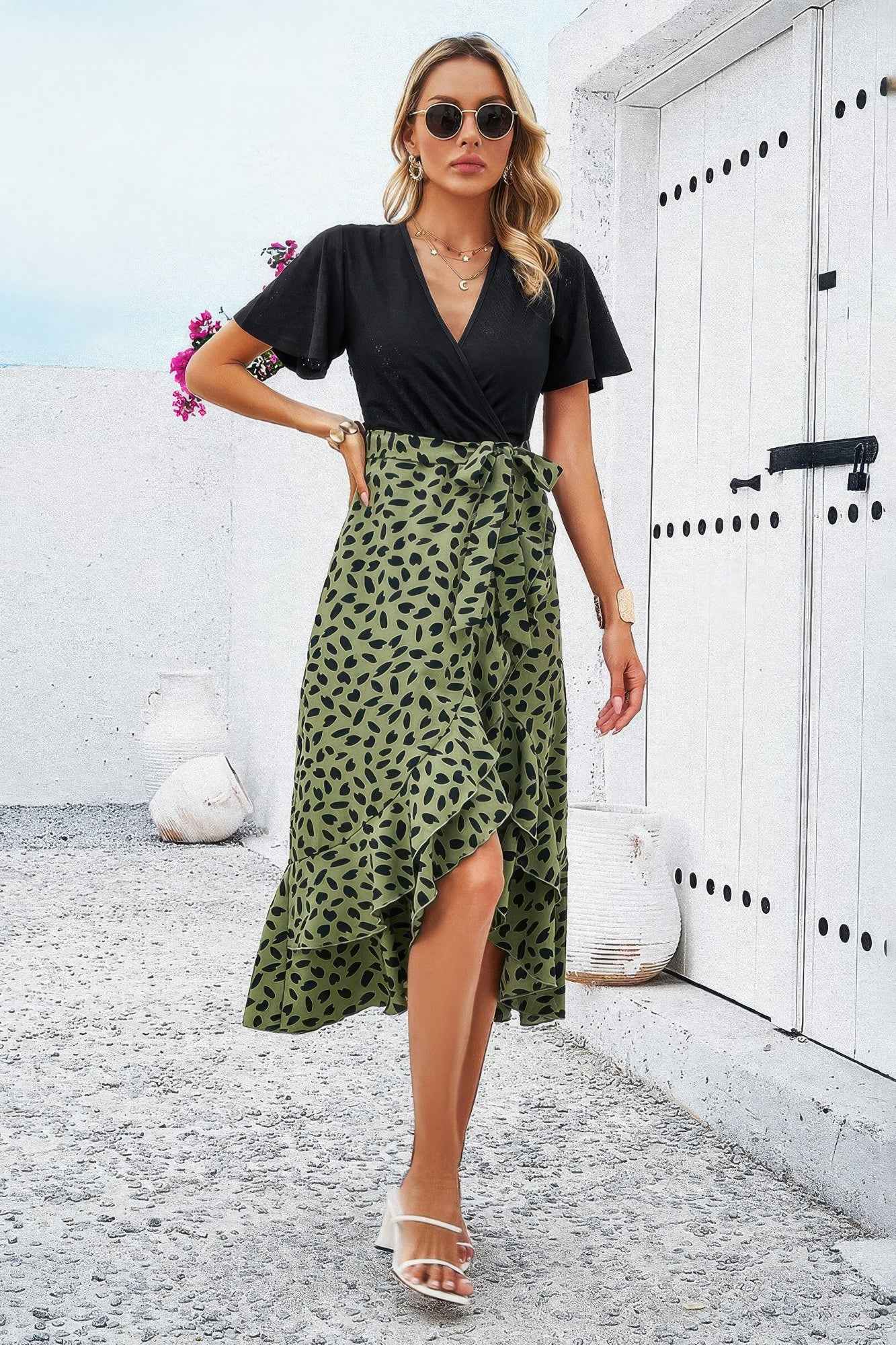 Cross Color Block Lace V Neck Belt Print Dress