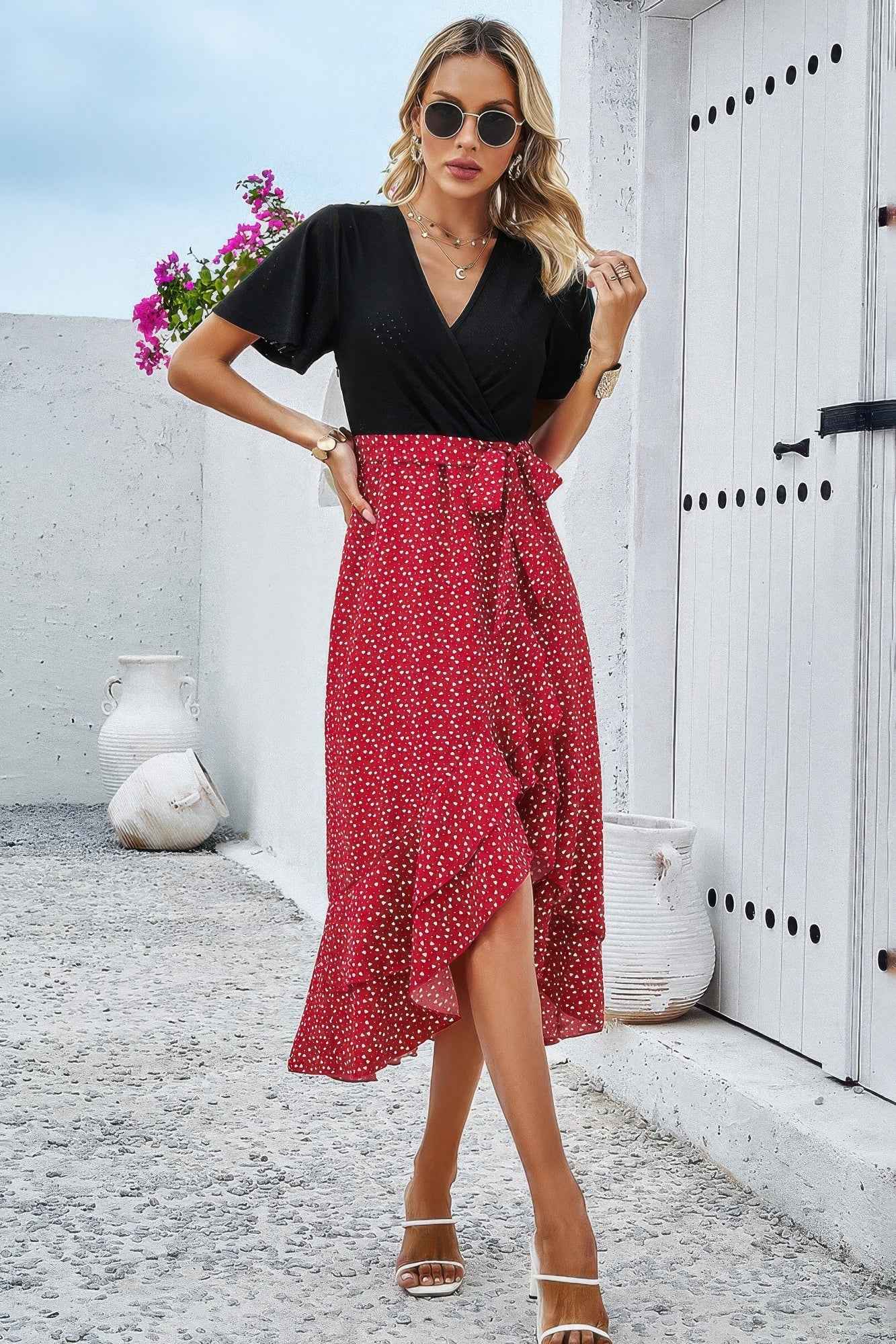 Cross Color Block Lace V Neck Belt Print Dress