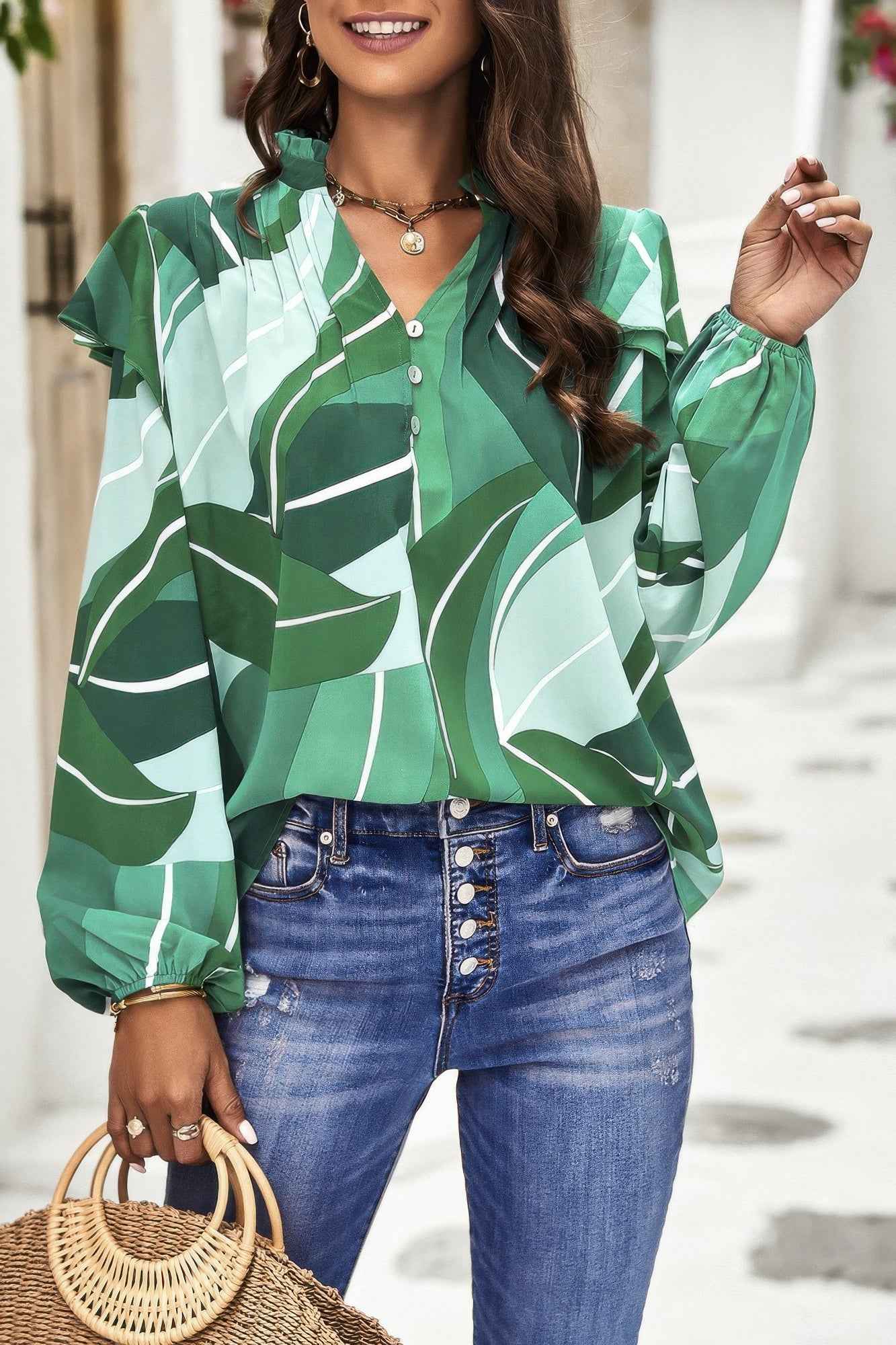 Floral V Neck Button Ruffle Long Sleeve Top