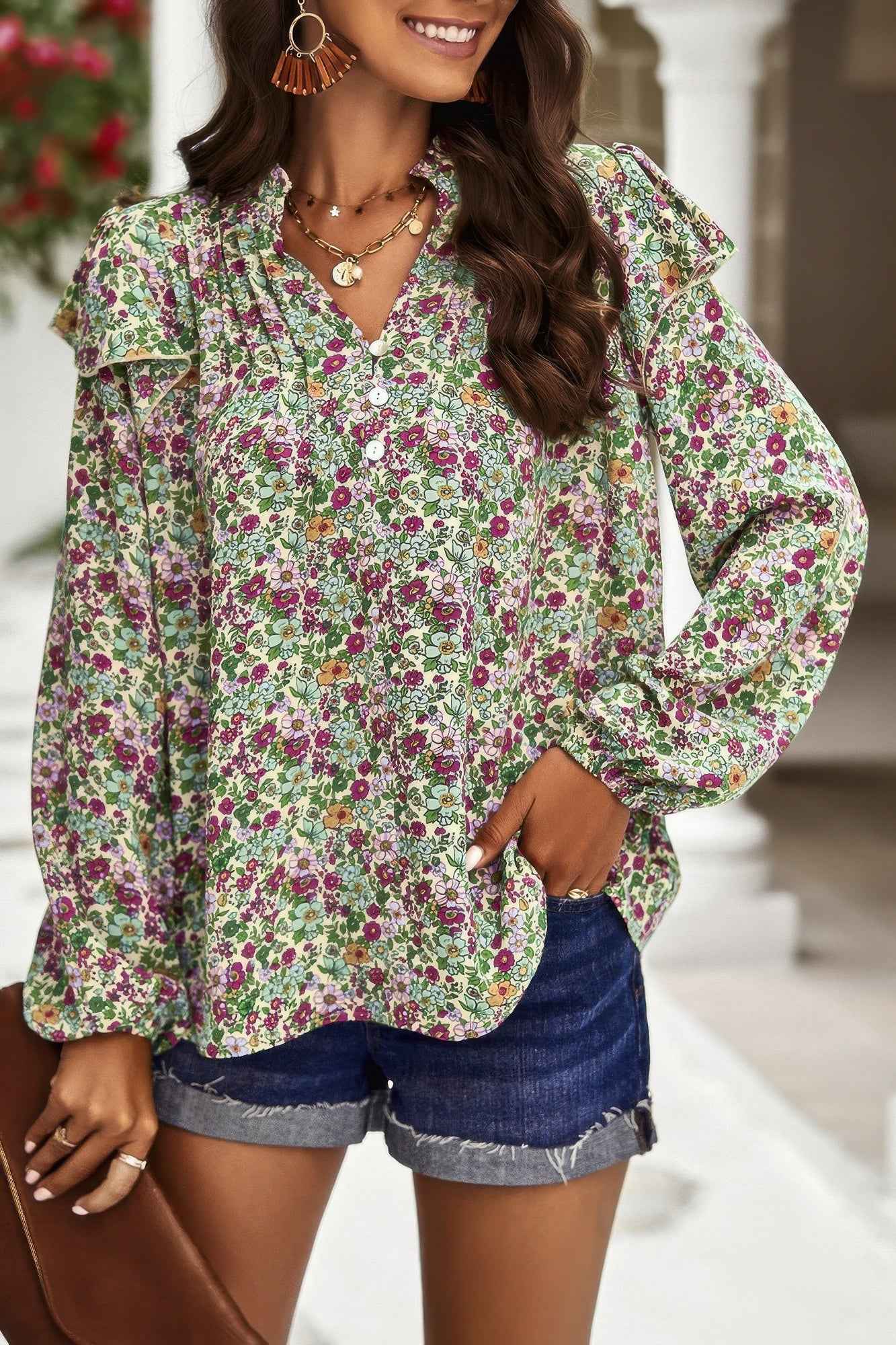 Floral V Neck Button Ruffle Long Sleeve Top