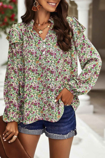 Floral V Neck Button Ruffle Long Sleeve Top