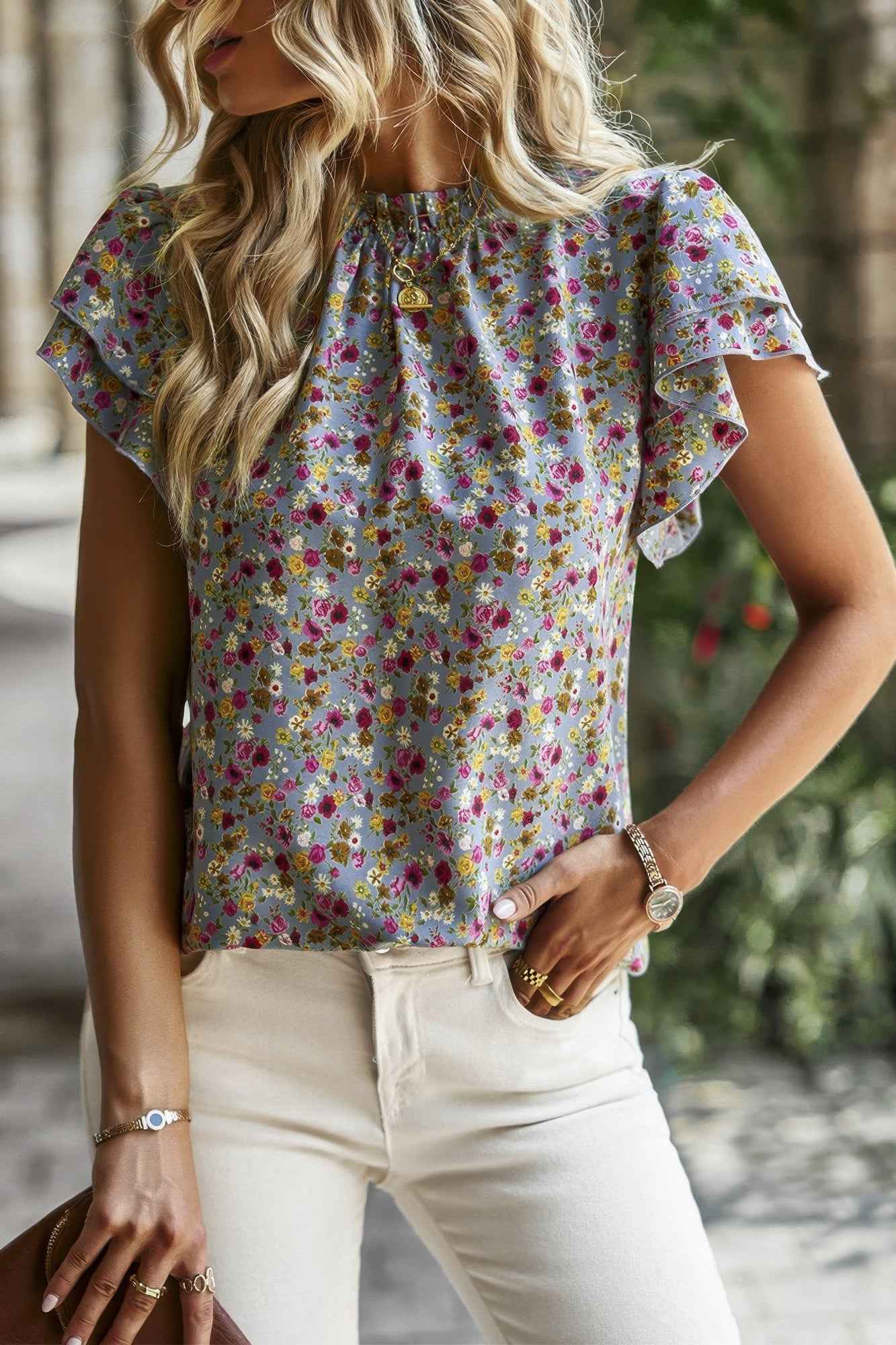 Floral Mock Neck Ruffle Short Sleeve Shirt