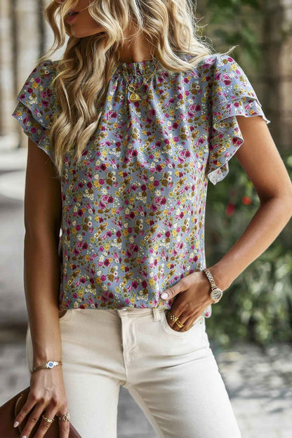 Floral Mock Neck Ruffle Short Sleeve Shirt