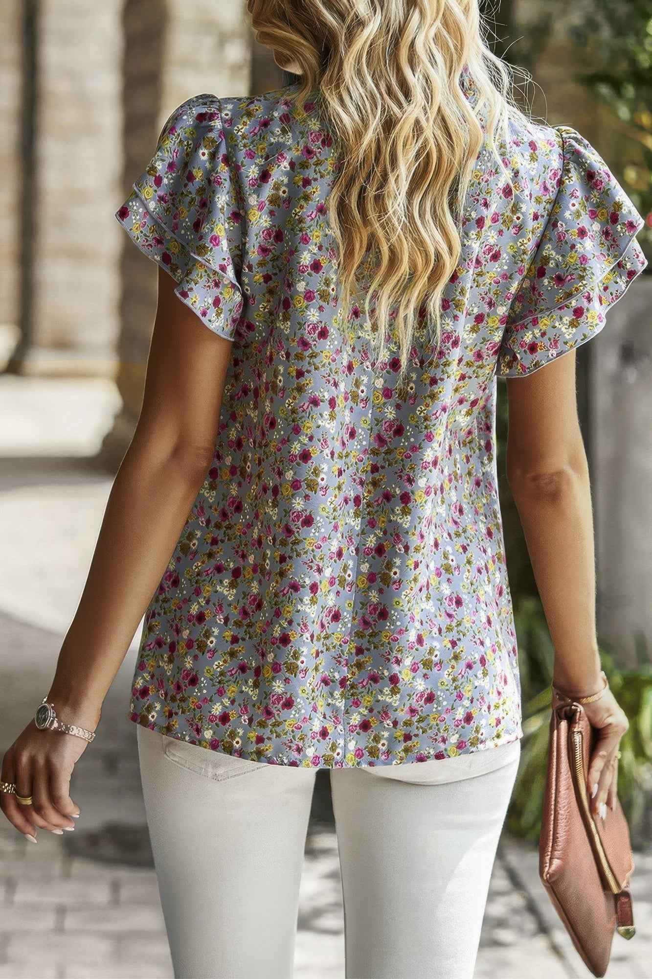 Floral Mock Neck Ruffle Short Sleeve Shirt