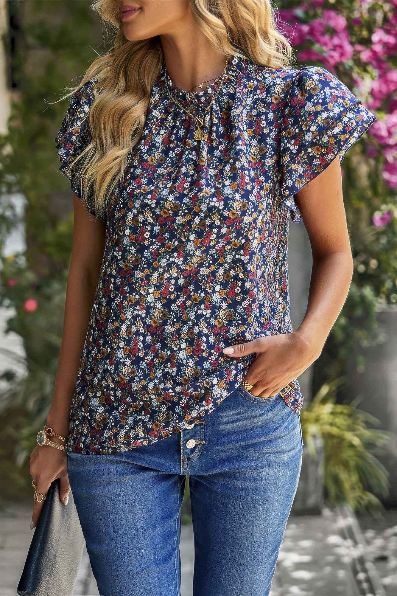 Floral Mock Neck Ruffle Short Sleeve Shirt