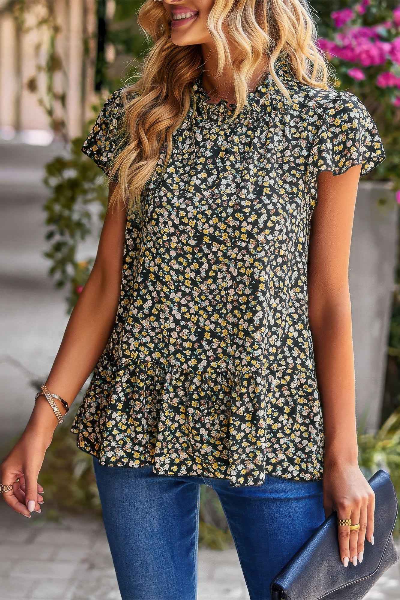 Ruffle Frill Trim Mock Neck Short Sleeve Shirt