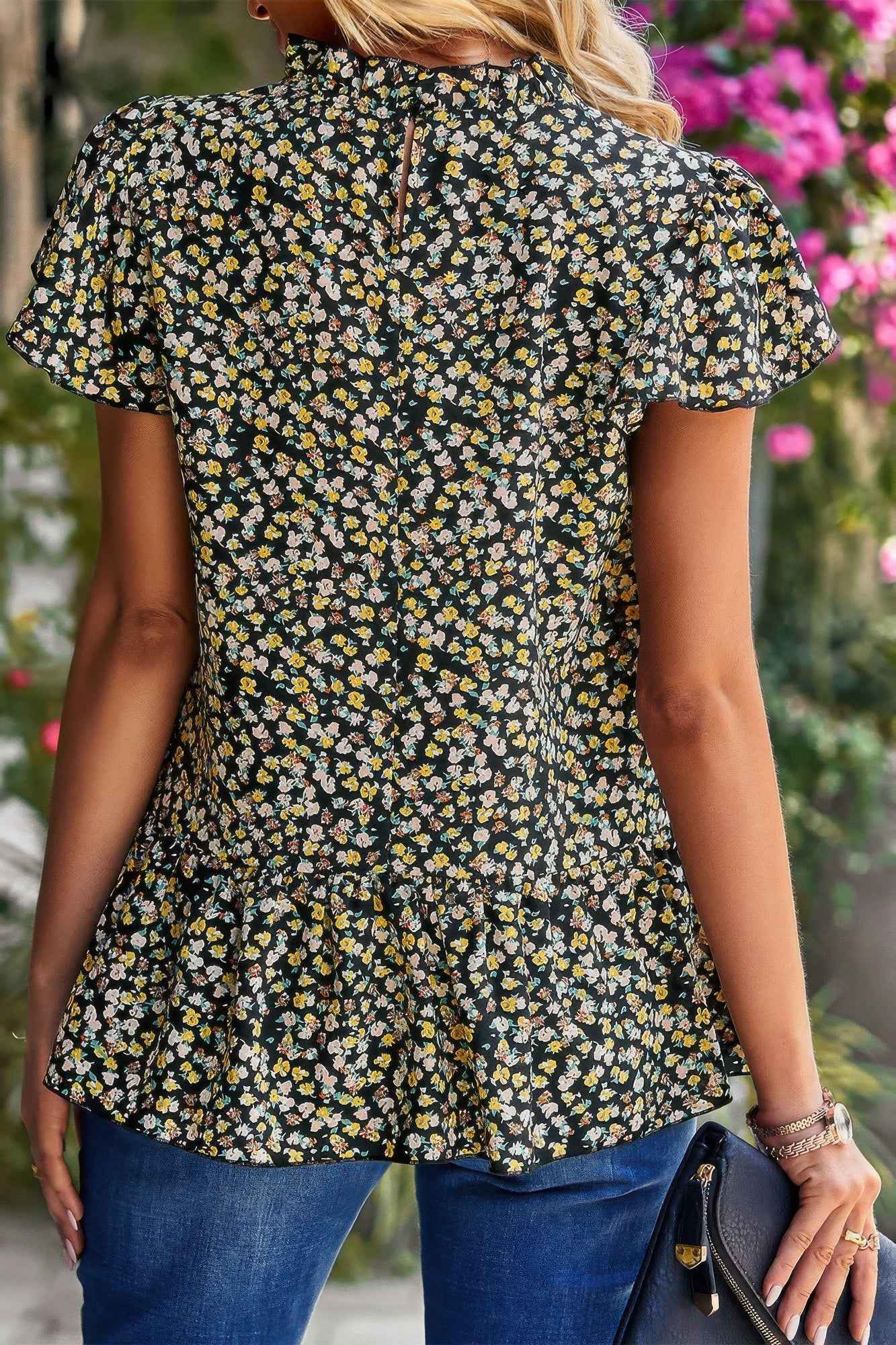 Ruffle Frill Trim Mock Neck Short Sleeve Shirt