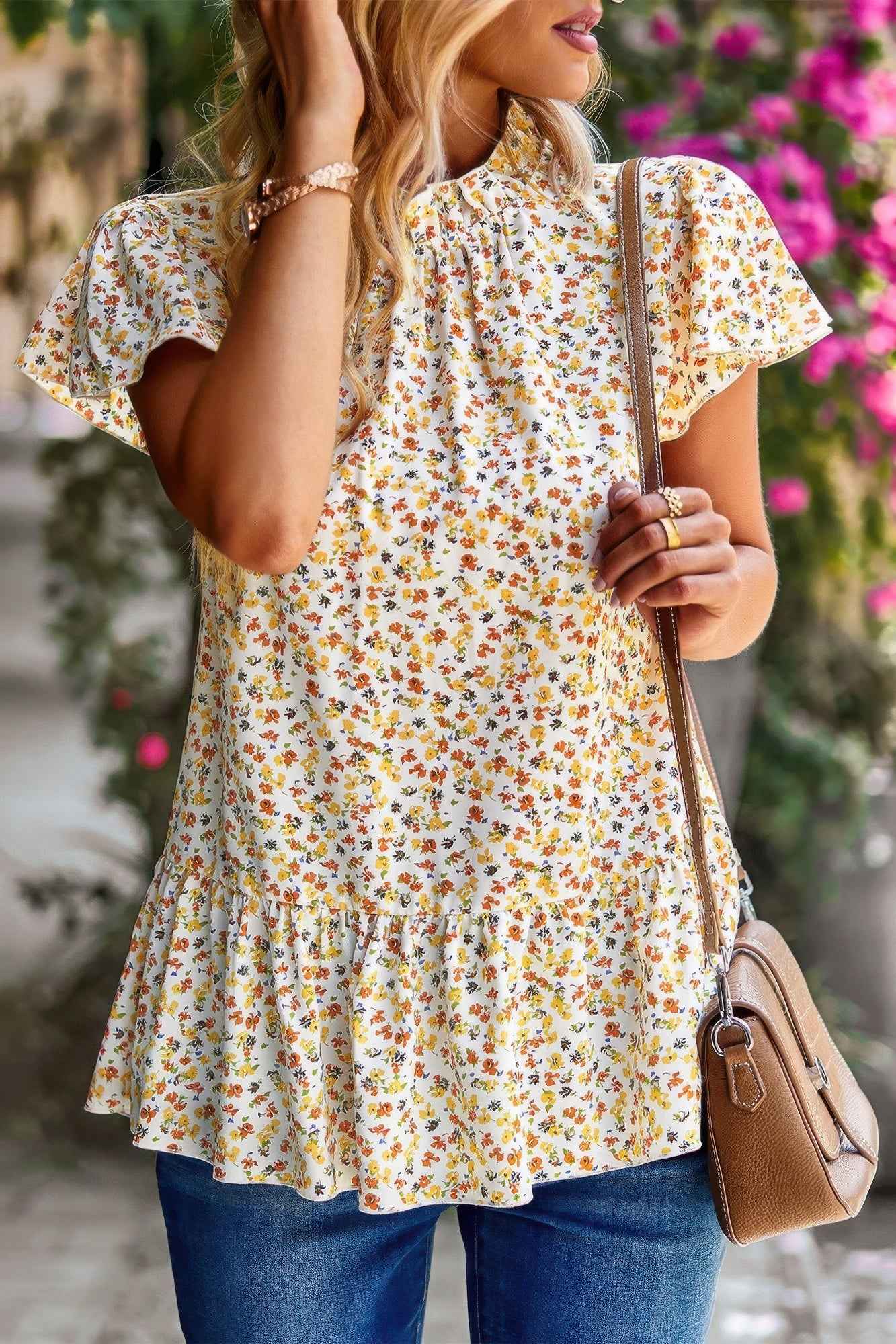 Ruffle Frill Trim Mock Neck Short Sleeve Shirt