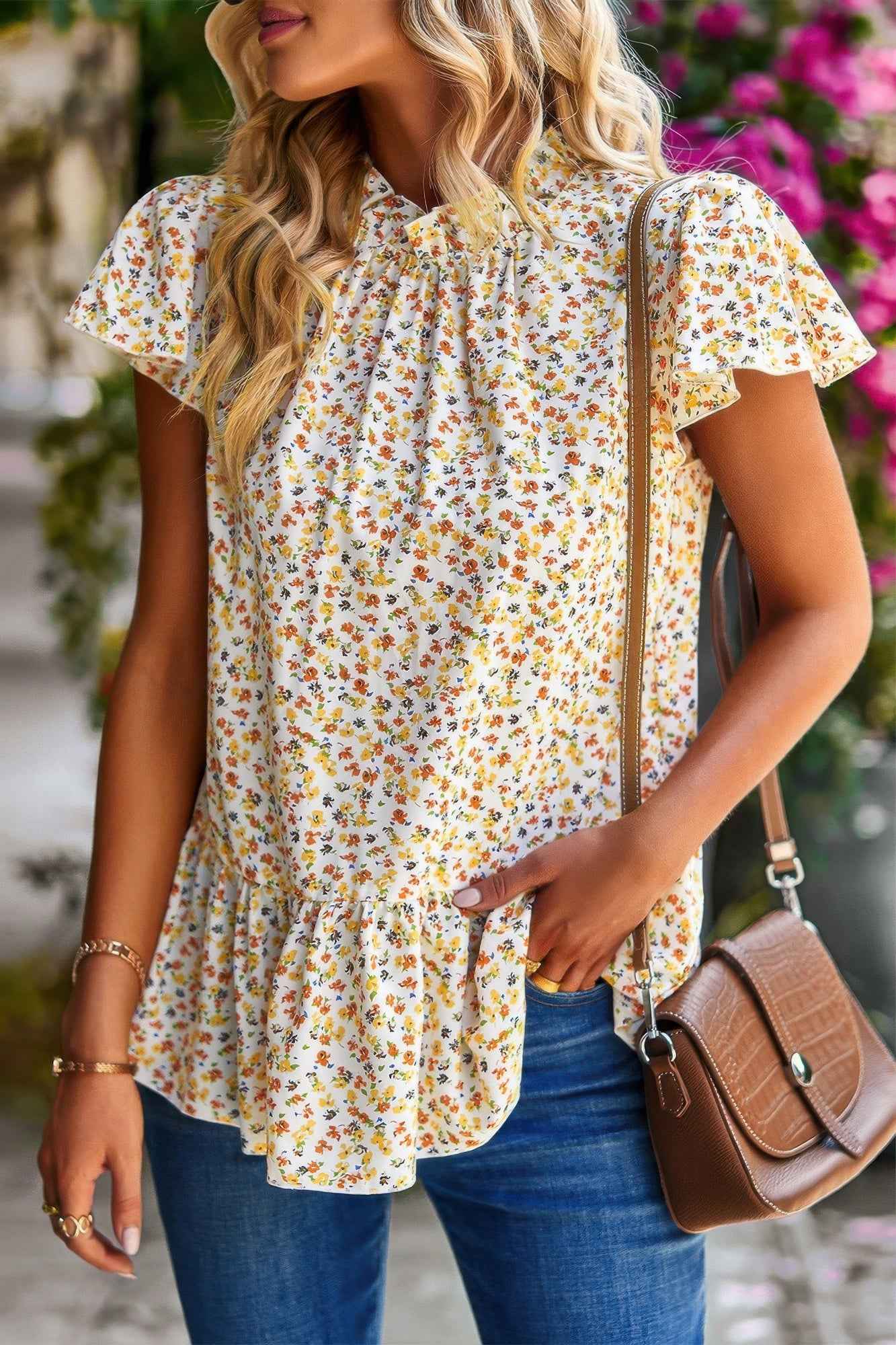 Ruffle Frill Trim Mock Neck Short Sleeve Shirt