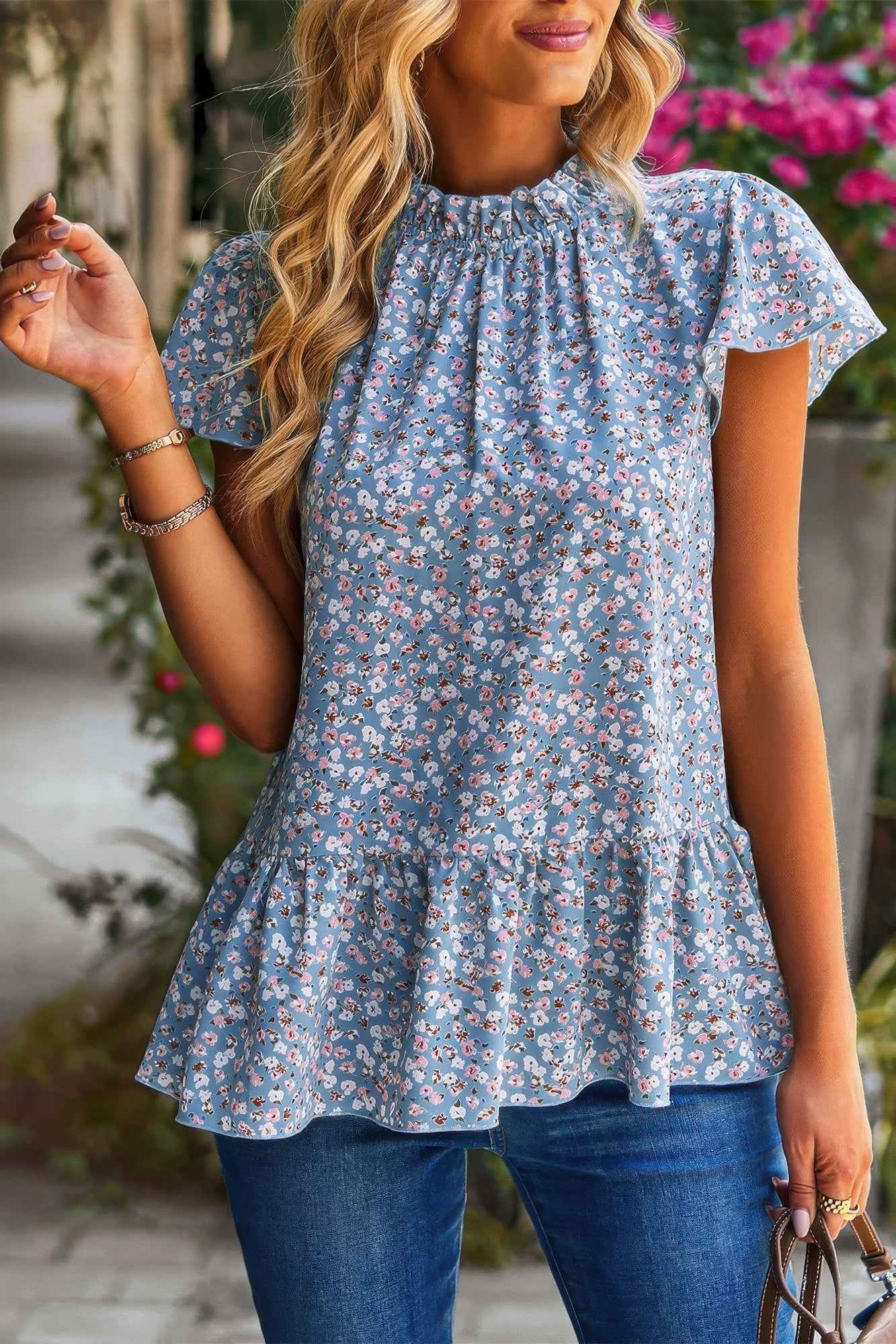 Ruffle Frill Trim Mock Neck Short Sleeve Shirt