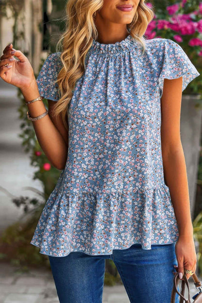 Ruffle Frill Trim Mock Neck Short Sleeve Shirt