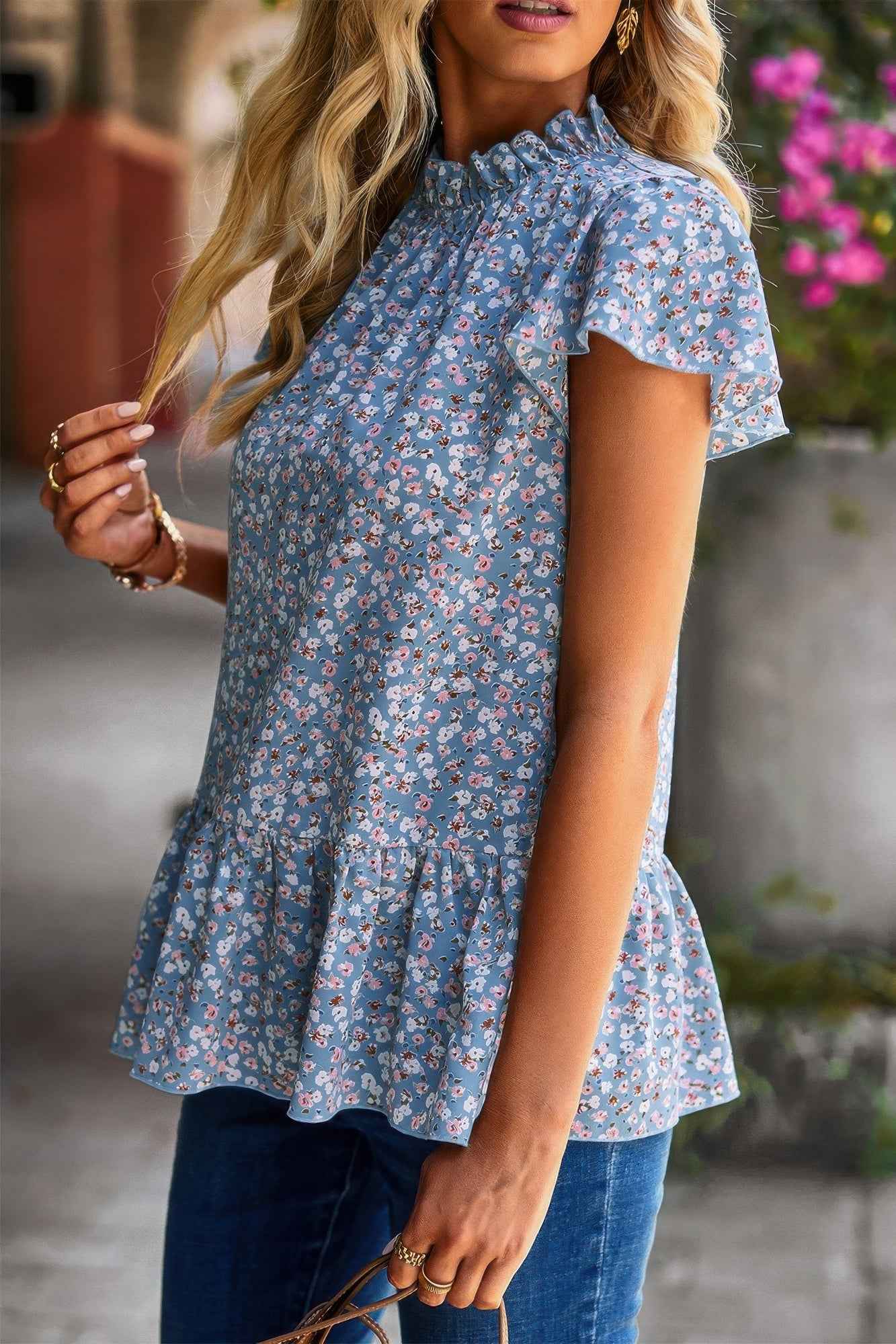 Ruffle Frill Trim Mock Neck Short Sleeve Shirt