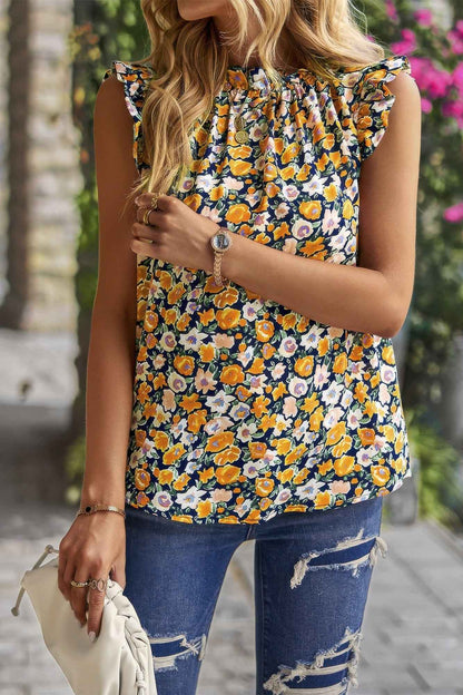 Boho Floral Sleeveless Loose Fit Collar Top