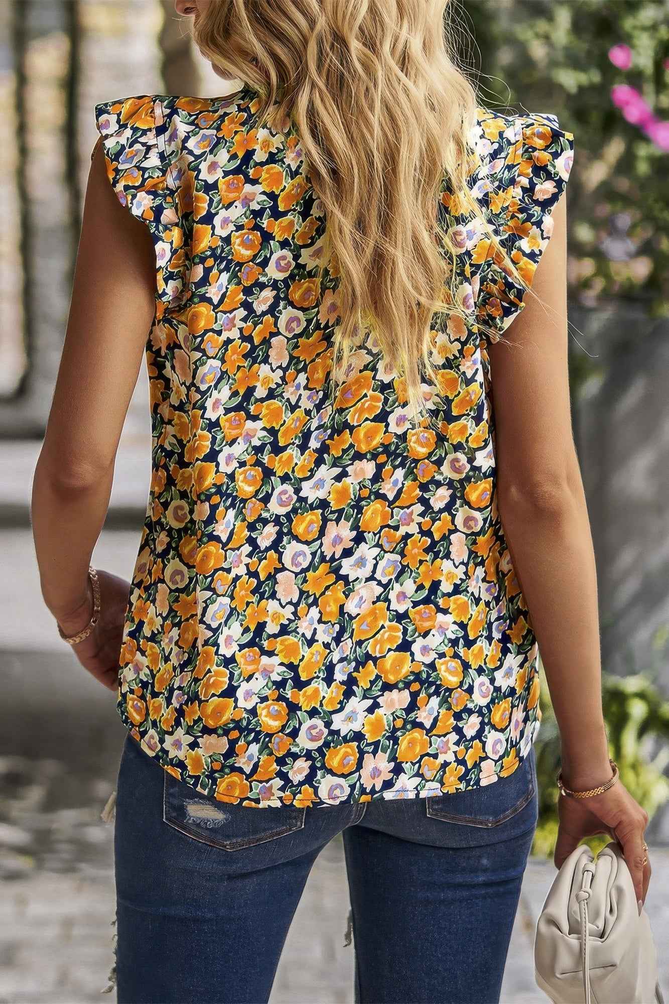 Boho Floral Sleeveless Loose Fit Collar Top