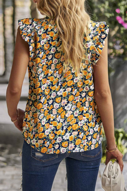 Boho Floral Sleeveless Loose Fit Collar Top