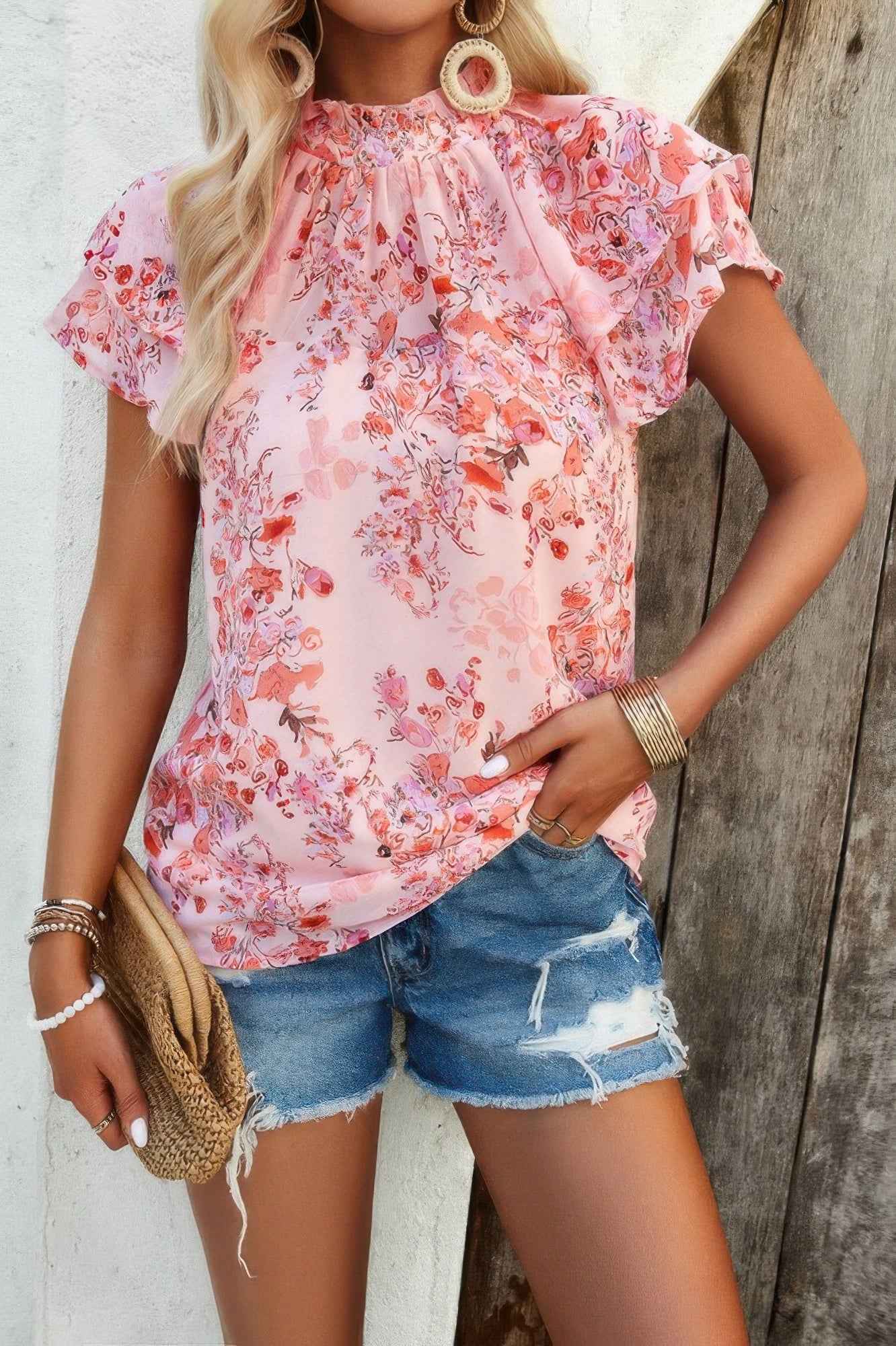 Floral Printed Mock Neck Ruffle Sleeve Loose Blouse
