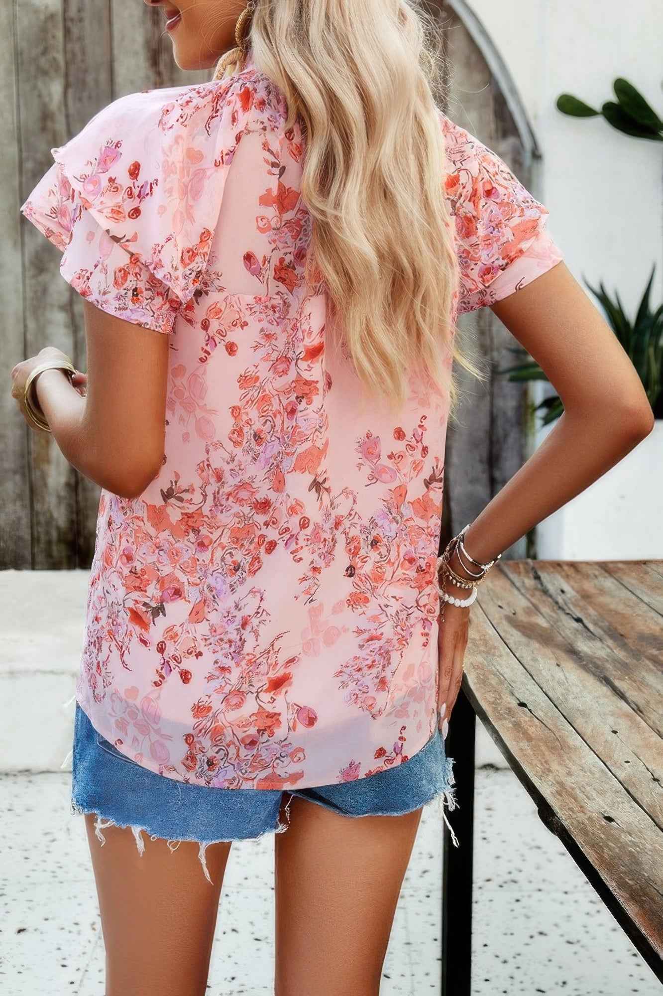 Floral Printed Mock Neck Ruffle Sleeve Loose Blouse