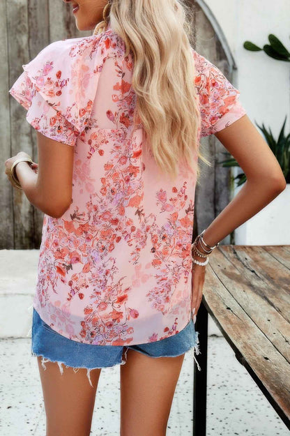 Floral Printed Mock Neck Ruffle Sleeve Loose Blouse