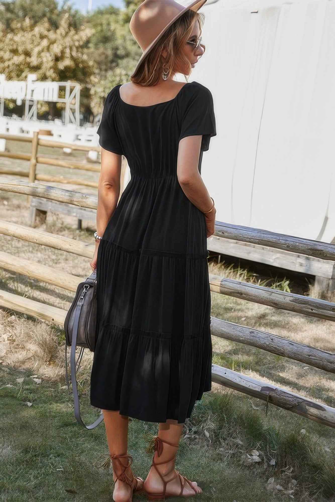 Button V Neck Tiered Short Sleeve Midi Dress