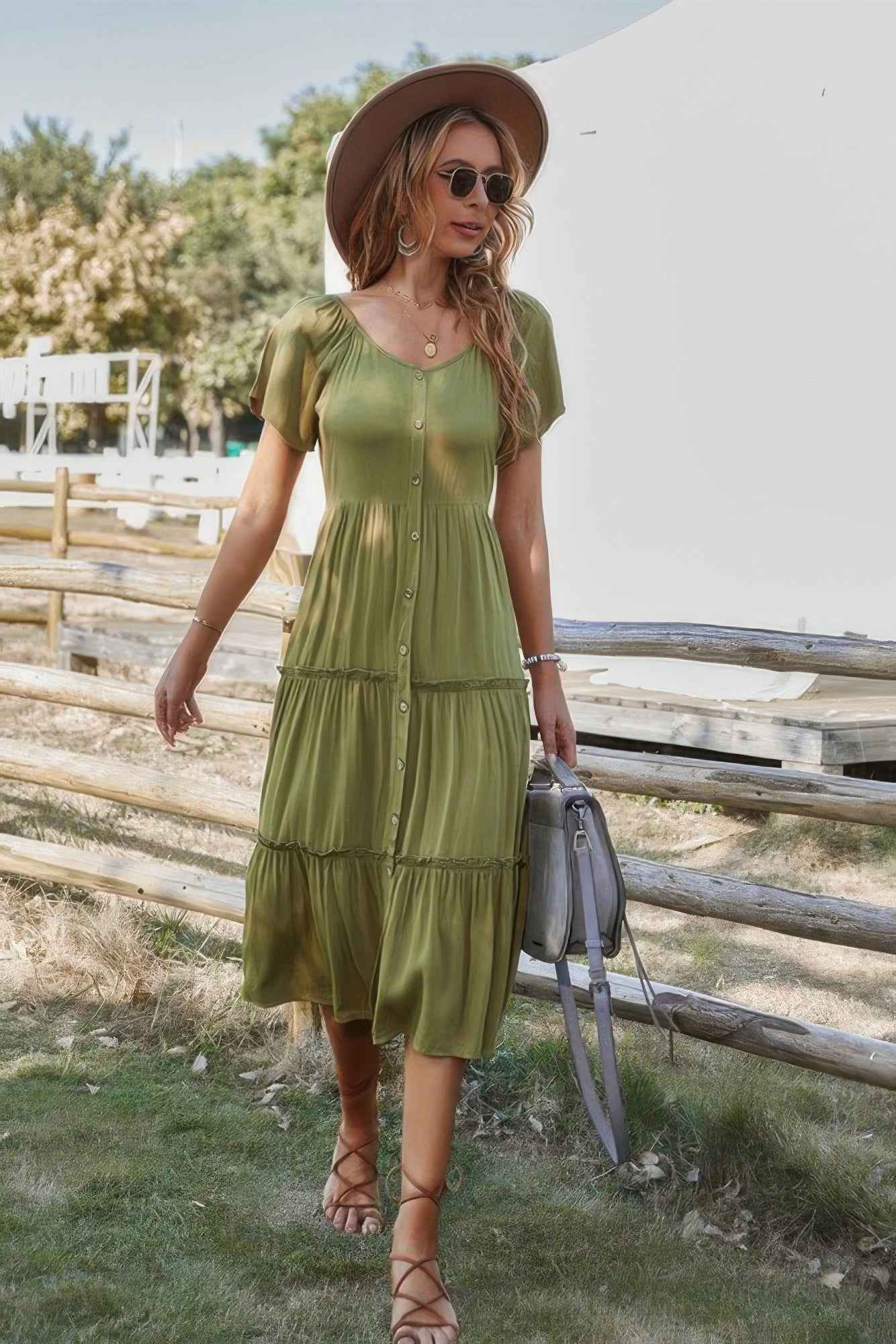 Button V Neck Tiered Short Sleeve Midi Dress