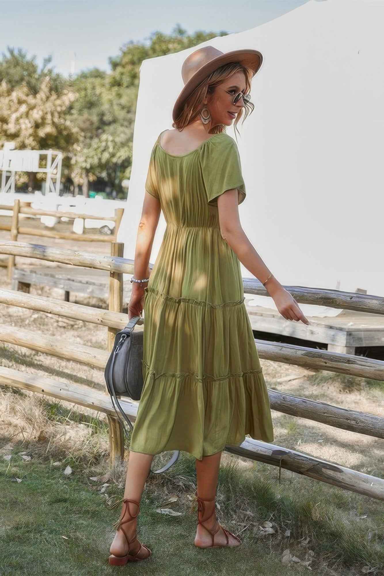 Button V Neck Tiered Short Sleeve Midi Dress