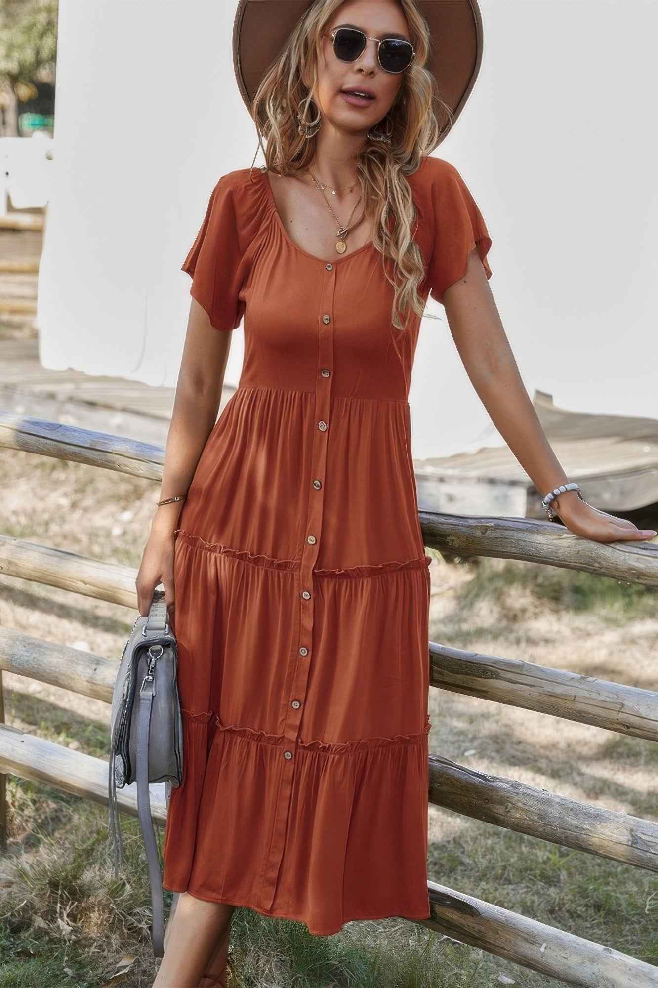 Button V Neck Tiered Short Sleeve Midi Dress