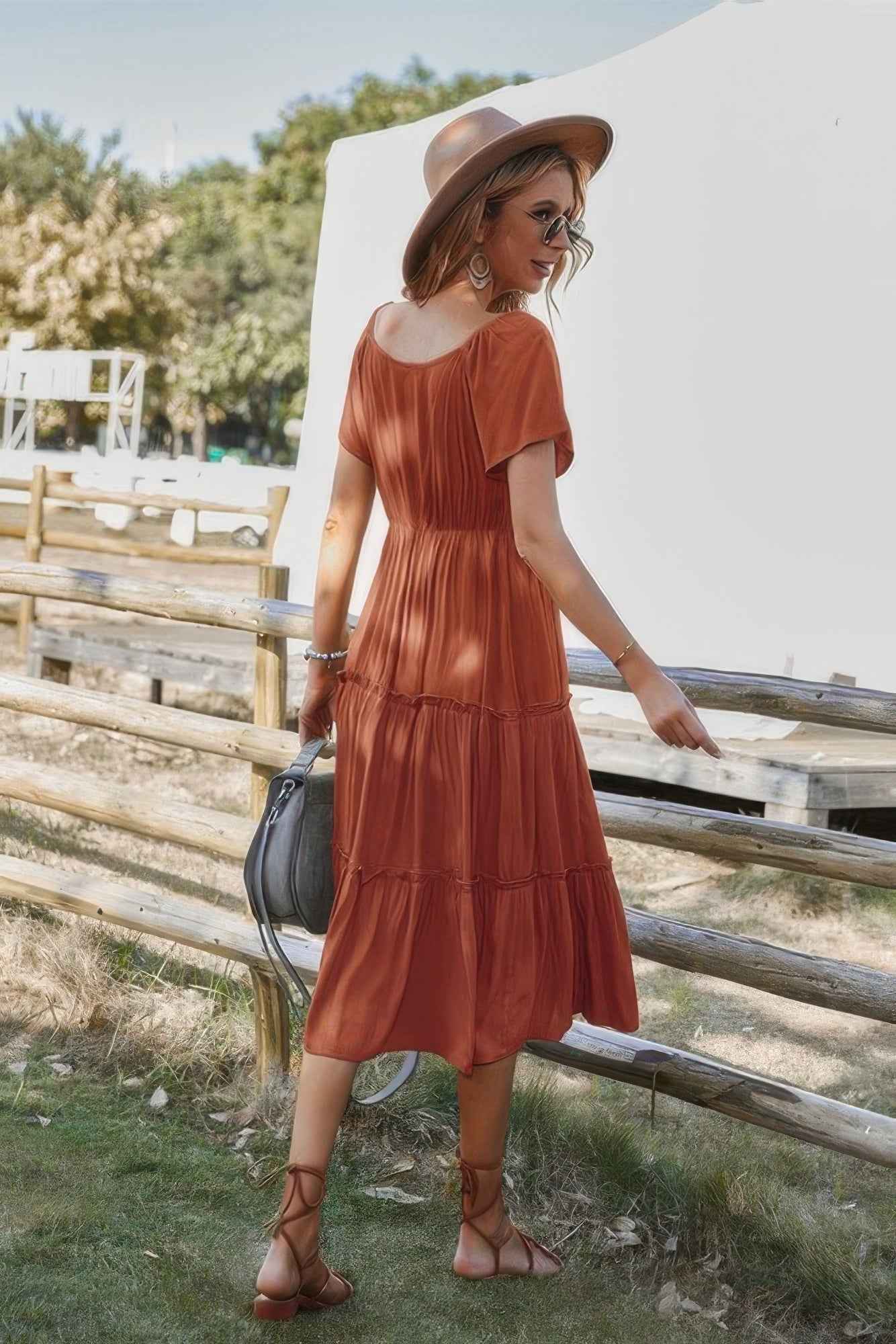 Button V Neck Tiered Short Sleeve Midi Dress