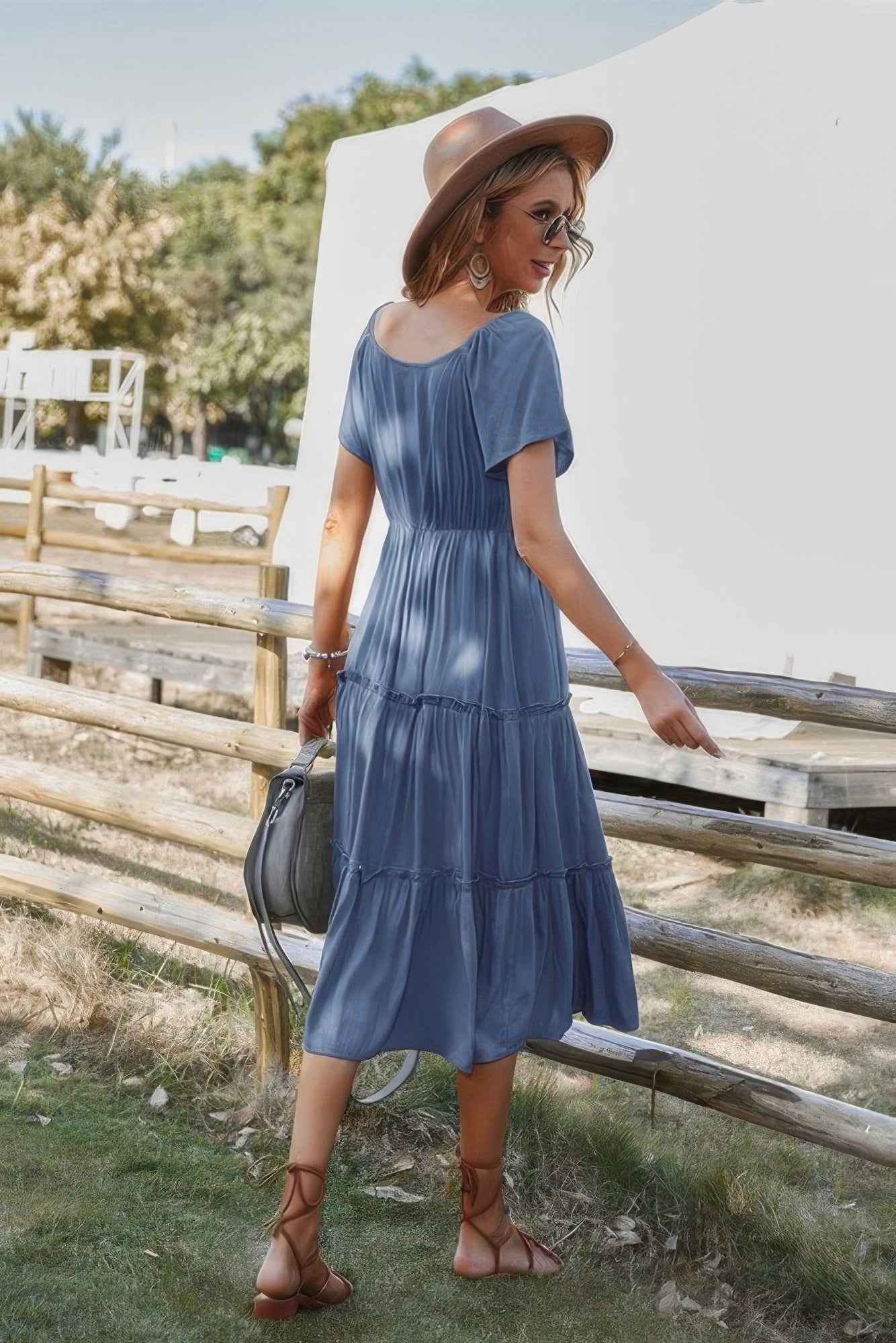 Button V Neck Tiered Short Sleeve Midi Dress