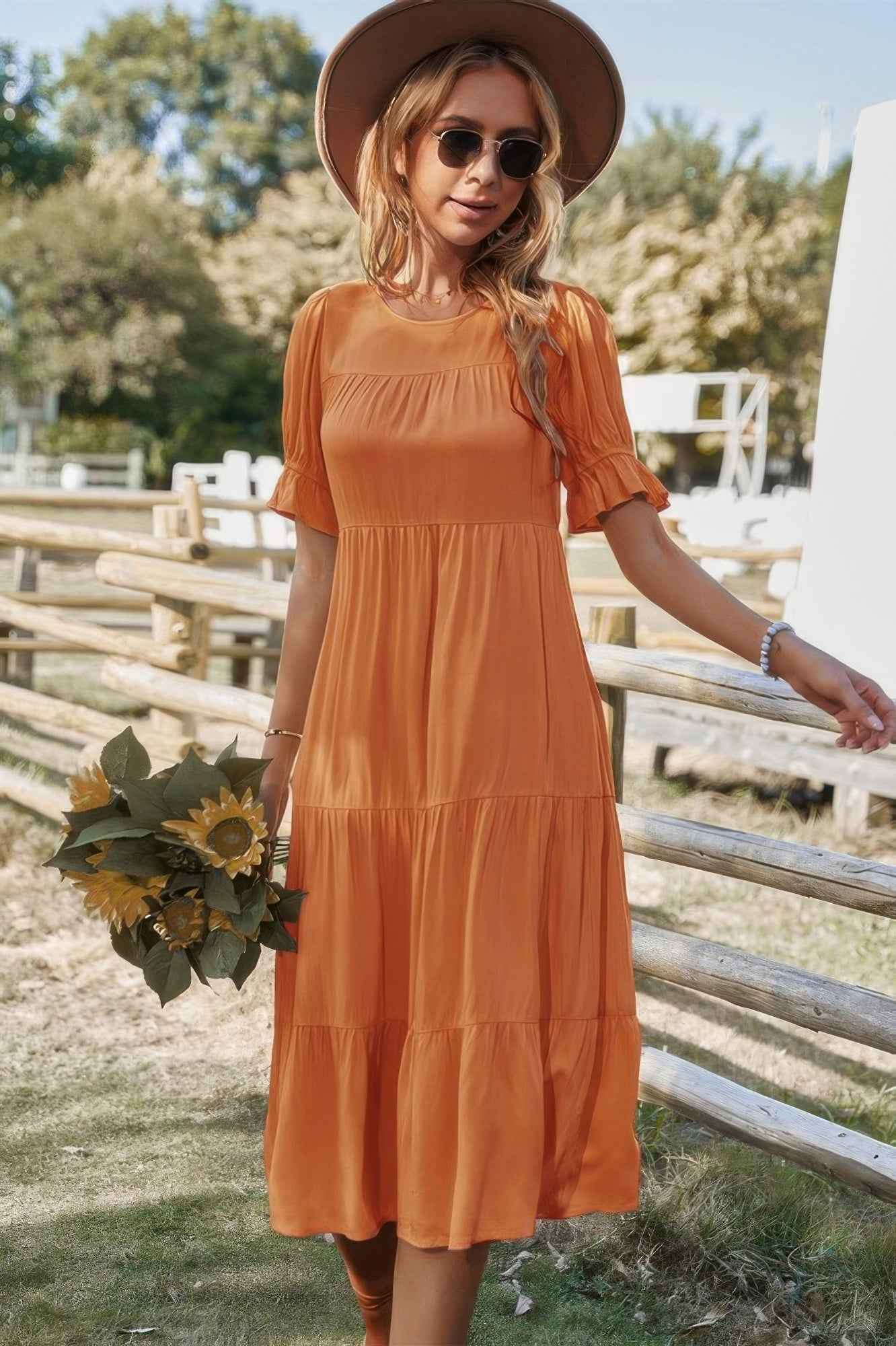 Flowy Pleated Short Sleeve Solid Midi Dress