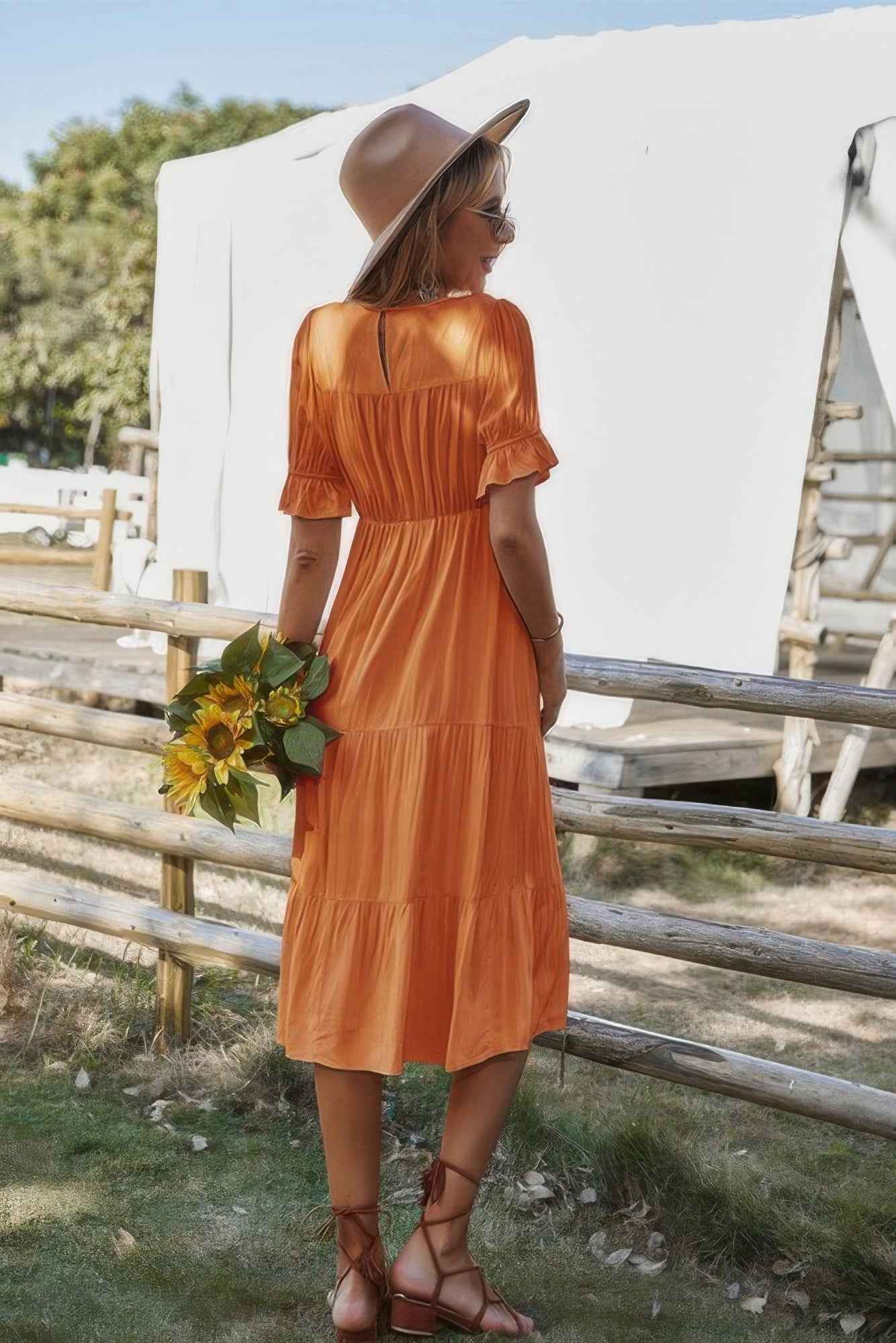 Flowy Pleated Short Sleeve Solid Midi Dress