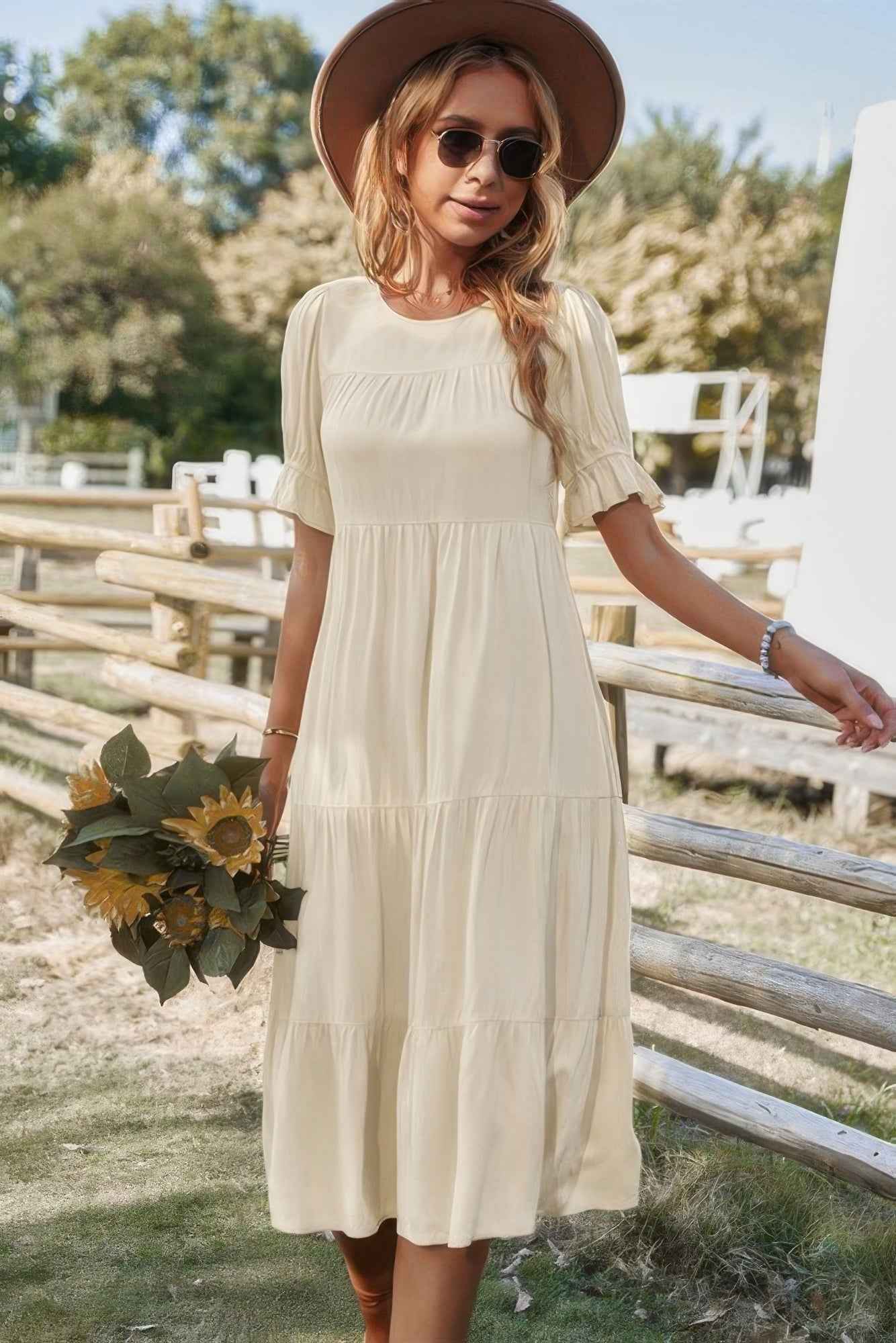 Flowy Pleated Short Sleeve Solid Midi Dress