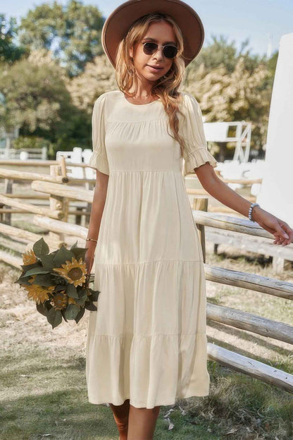 Flowy Pleated Short Sleeve Solid Midi Dress