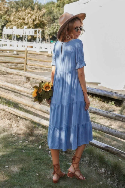 Flowy Pleated Short Sleeve Solid Midi Dress