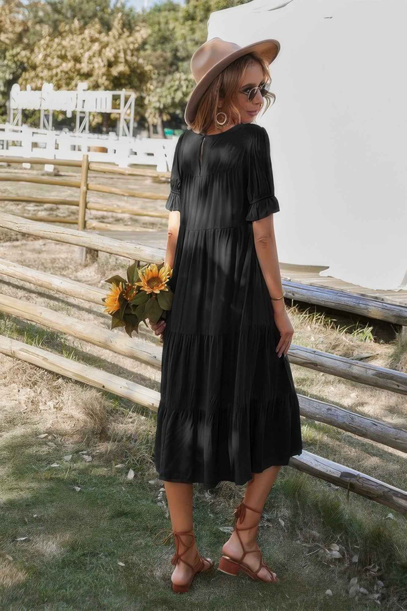 Flowy Pleated Short Sleeve Solid Midi Dress