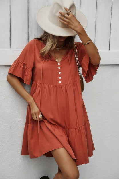 V Neck Flounce Sleeve Ruffle Hem Tie Neck Dress