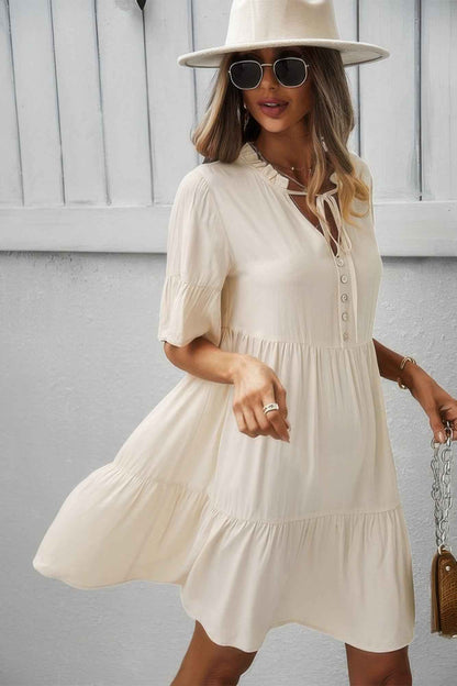 V Neck Flounce Sleeve Ruffle Hem Tie Neck Dress